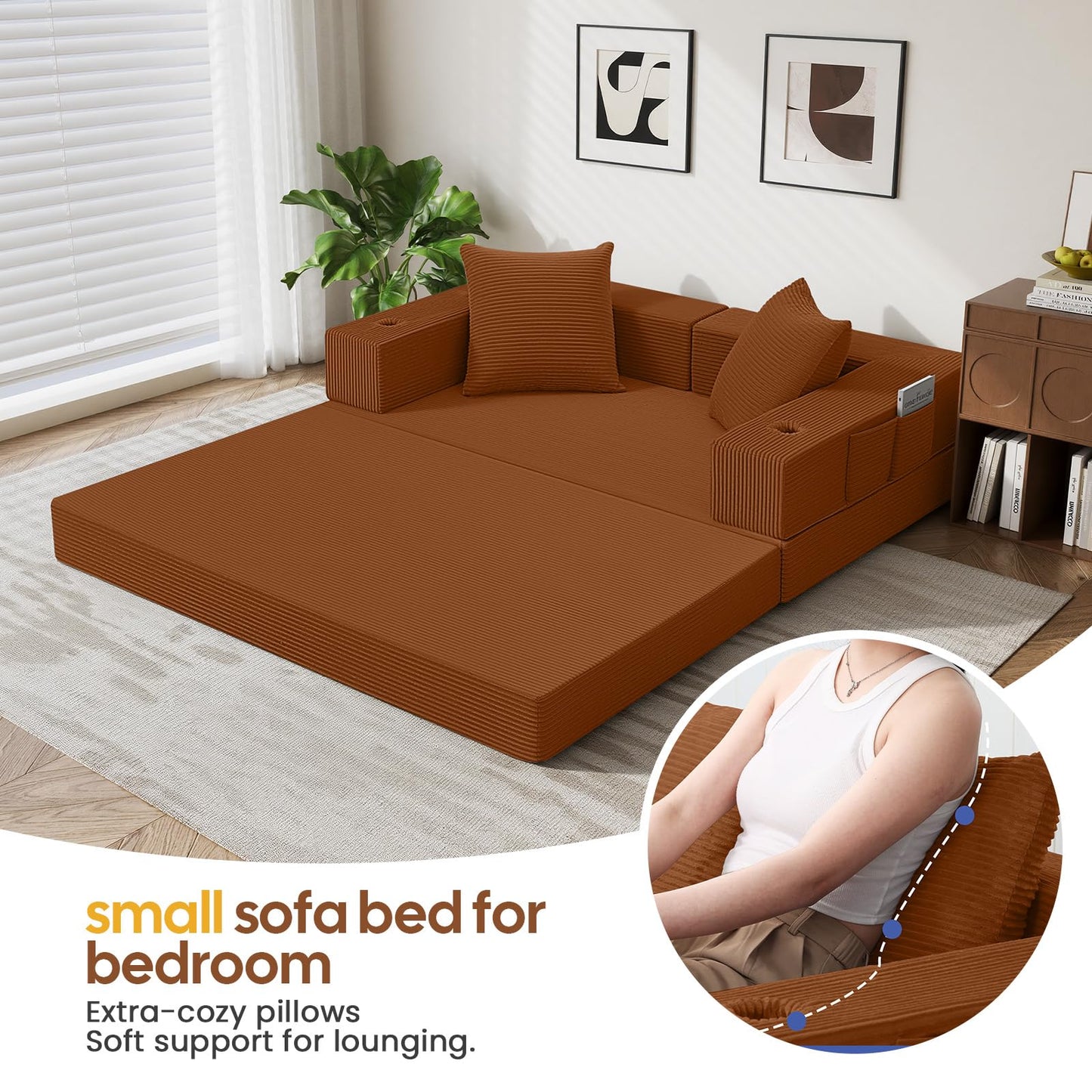COMAX Futon Sofa Bed, 4‑in‑1 Convertible Sofa Bed, Folding Boneless Couches for Living Room, Fold Out Small Foldable Loveseat Floor Sleeper Comfy Mattress Lounge Space‑Saving, Orange