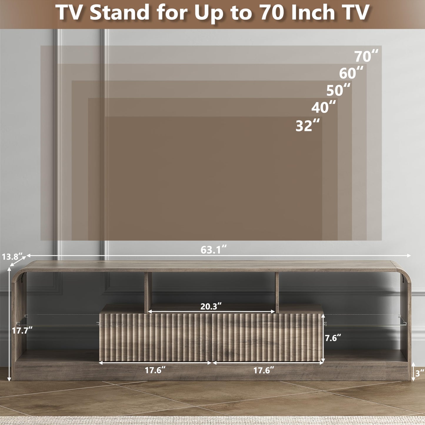 ANYMAPLE TV Stand for 60/65/70 Inch TVs, Modern Curved TV Console with LED Lights, 2 Drawers & Glass Shelves, Living Room Entertainment Center