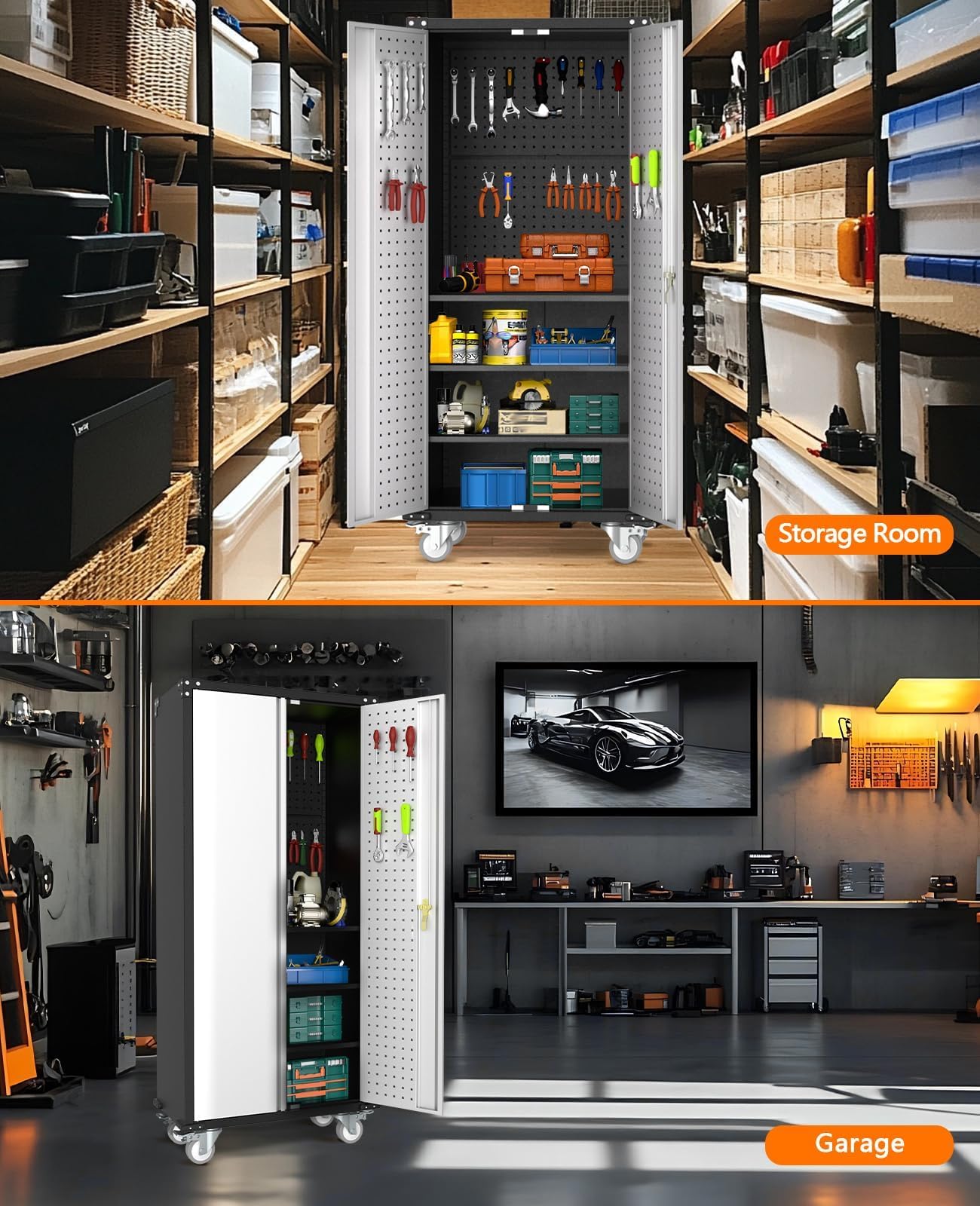 Garvee Cabinet Metal Storage Cabinet with Wheels, Heavy Duty Steel Rolling Organizer with Lockable Doors, Adjustable Shelves, Utility Garage Cabinet for Home, Office, Workshop, Laundry Room, Kitchen