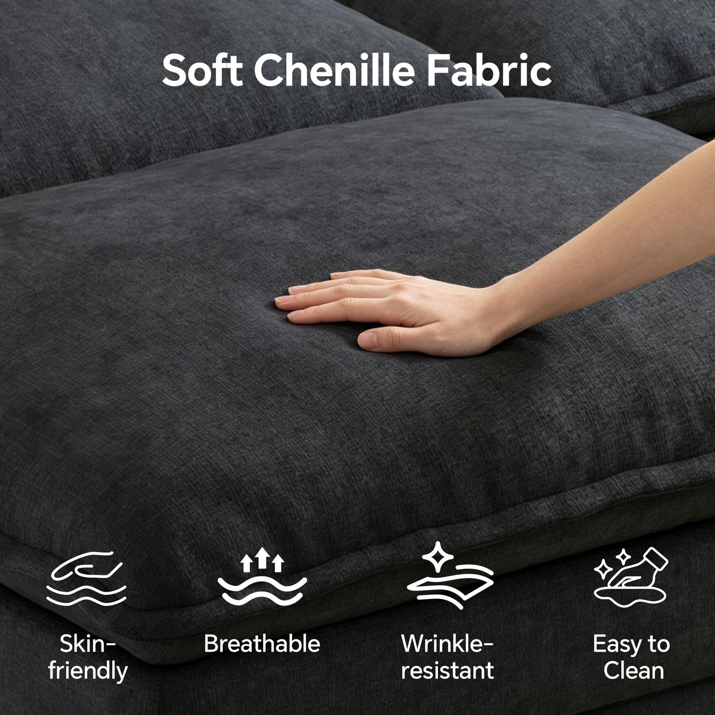 FAVSH 102'' L-Shaped Modular Sectional Sofa, 3-Seater Cloud Couch with Movable Ottoman, Deep Seat Chenille Upholstery, USB & Type-C Charging, Foldable Side Table for Living Room Apartment, Dark Gray
