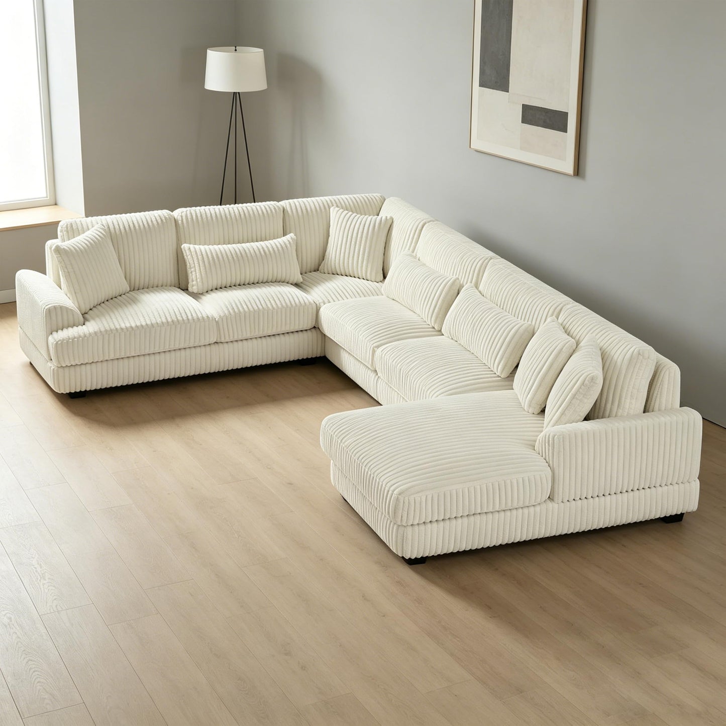 ERYE 129-Inch U-Shaped Sectional Sofa Couch W/Right Facing Chaise Lounge,Oversized Corduroy Upholstered Corner Modular Sofa Couch with 7 Toss Pillows for Living Room Sets