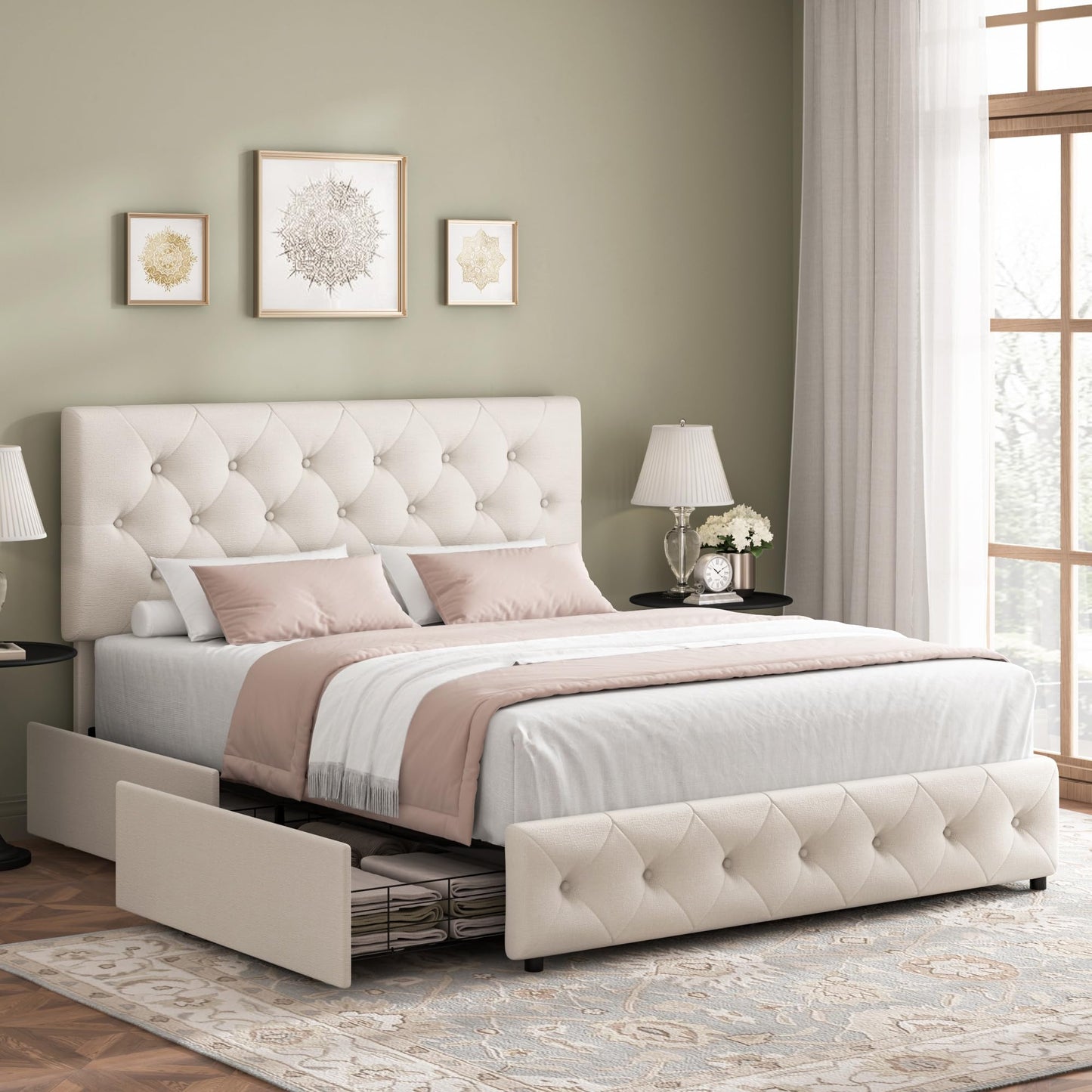 Keyluv Full Size Upholstered Platform Bed Frame with 4 Storage Drawers, Modern Beige Fabric Bed with Adjustable Button Tufted Headboard, Solid Wooden Slat Support, Easy Assembly