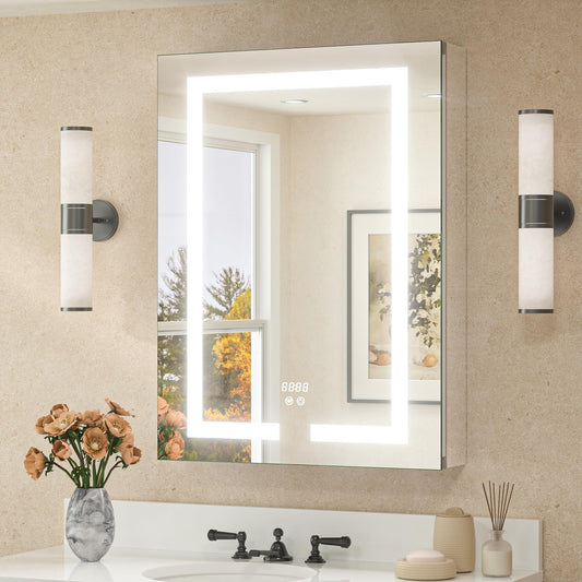 TETOTE 24 x 32 LED Lighted Medicine Cabinet with Lights & Outlets & USB, Recessed or Surface Mount Medicine Cabinet Mirror for Bathroom with Storage, Tempered Glass, 3-Color Dimming, Adjustable Shelf