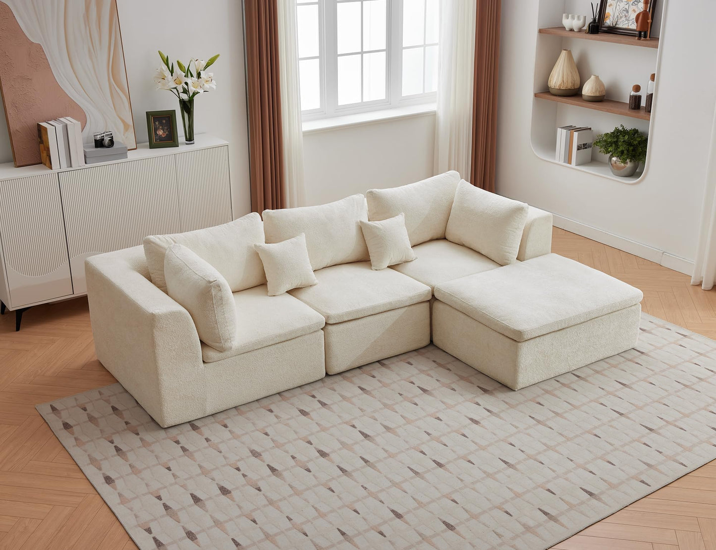 Garvee Cloud Boneless Couch with Ottoman 110" Convertible L Shaped Modular Sectional Sofa with Chaise Deep Seating Chenille Fabric High-Density Memory Foam Pillows for Living Room