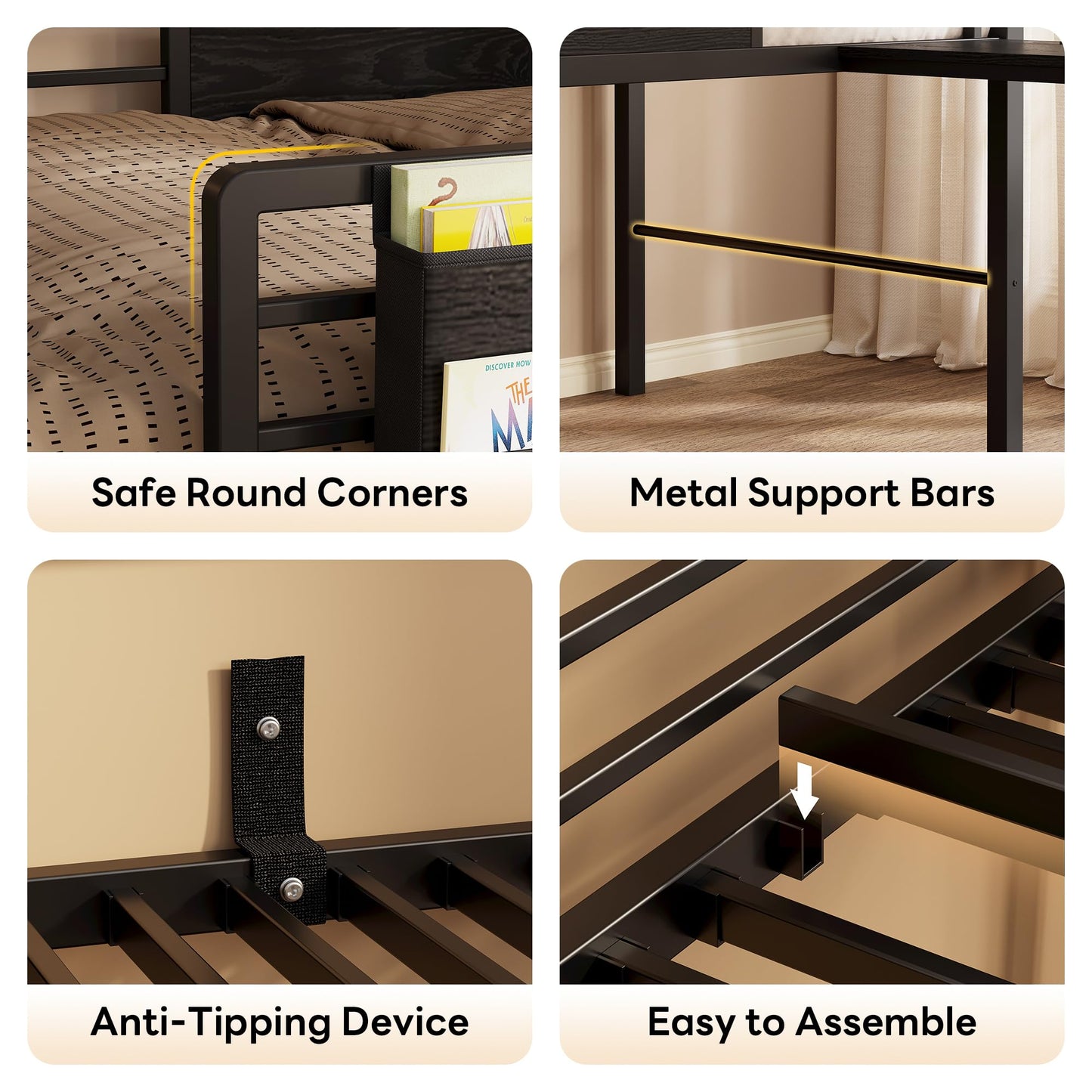 LIKIMIO Low Loft Bed Twin Size, 25 Heavy Duty Steels Support Slats with Desk & Charging Station, Twin Loft Bed with Safety Guardrails and Ladder, Black