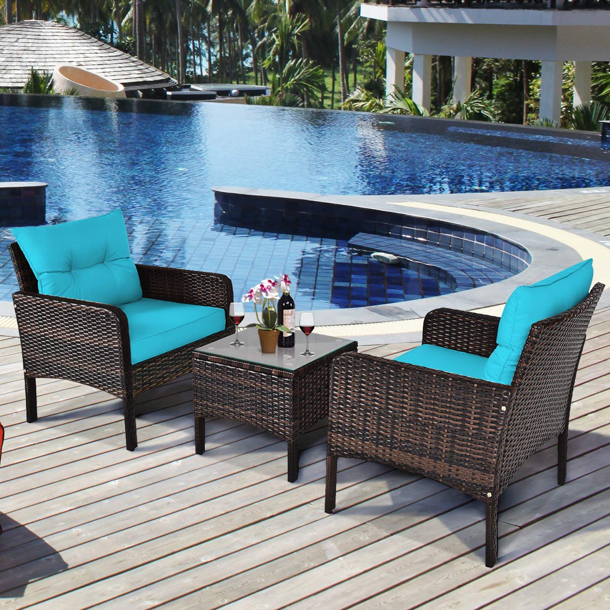 Tangkula 3 Piece Wicker Chairs with Glass Top Coffee Table, Thick Cushions, All Weather Garden Lawn Poolside Backyard Porch Outdoor Patio Furniture Set for 2 (Turquoise)