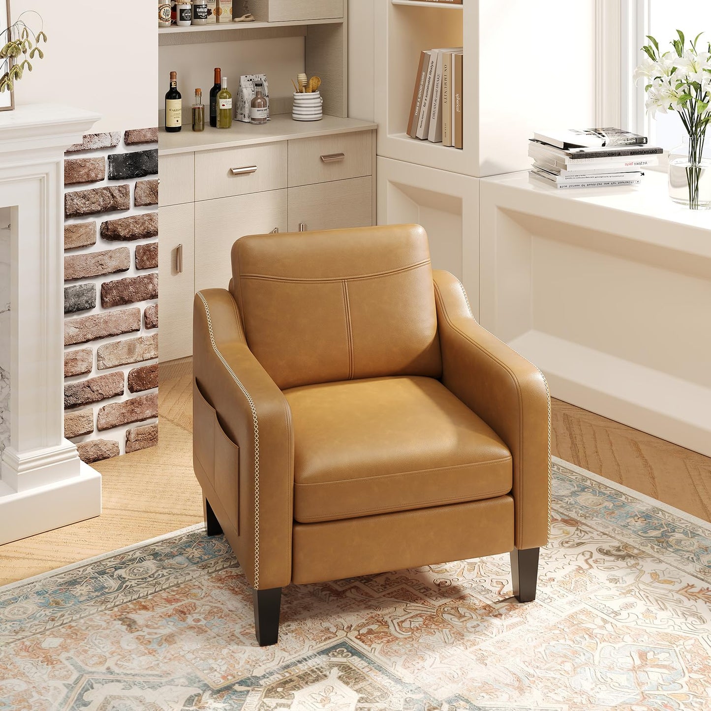 MALOL PU Leather Accent Chair Set of 2, Mid-Century Modern Living Room Armchair Sofa with Removable Cushions, Solid Wood Frame & Stitched Armrest Design, Bedroom Chair with Plastic Legs, Brown