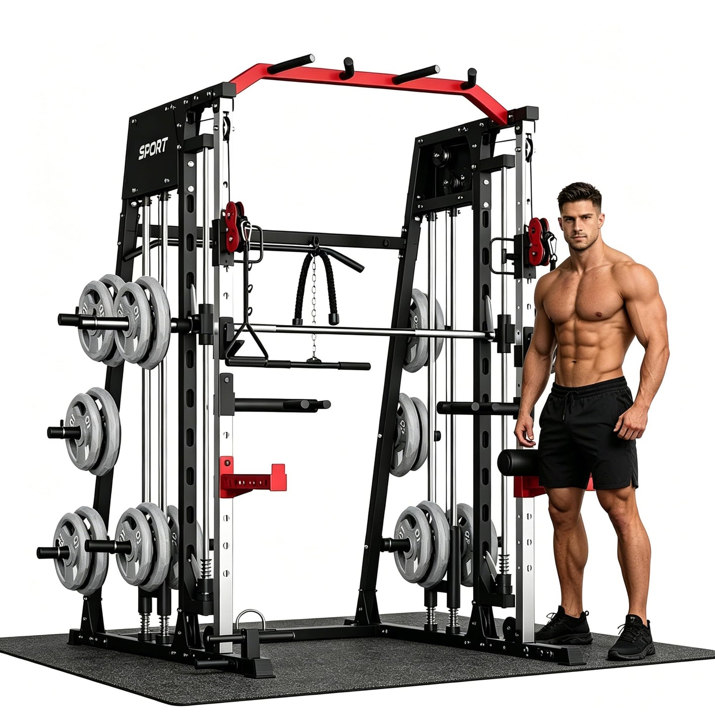 Smith Machine Home Gym All-in-1, 2200LBS Power Cage with Dual Cable Pulley Systems, LAT Pull-Down & Leg Hold-Down | Complete Strength Training Equipment for Full Body Workouts