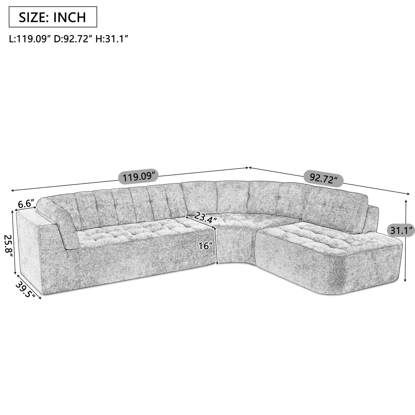 Merax 119" L-Shaped Curved Sectional Sofa Set | 4 Seat Modern Minimalist Tufted Cloud Couch with Chaise Lounge | Fully Upholstered Arms | Right-Hand Facing Foam | No-Tools Assembly, Dark Orange