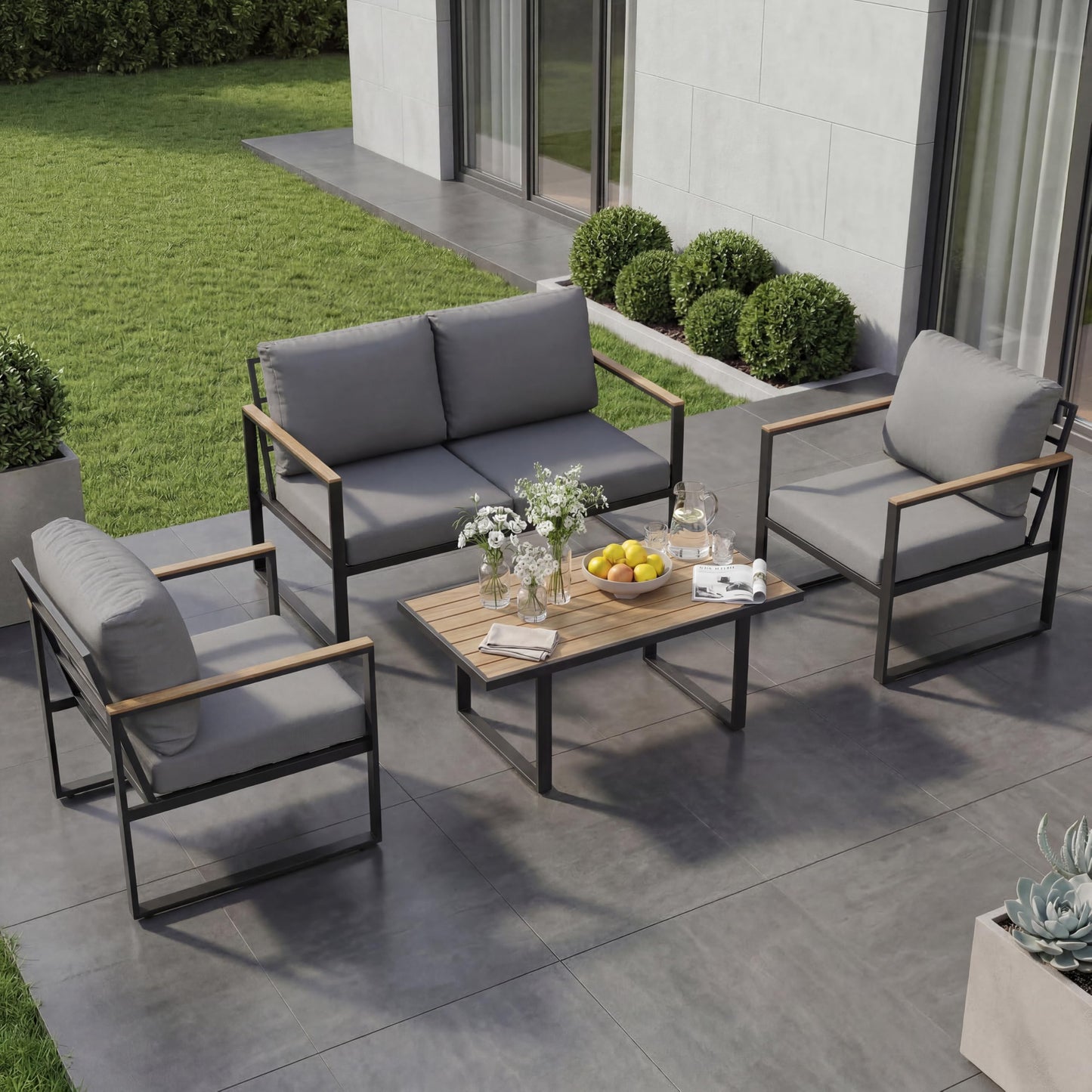 4-Piece Outdoor Patio Furniture Set, Conversation Sofa Set with Table, Metal Frame, All-Weather, UV Resistant & Waterproof Couch for Garden, Balcony, Backyard