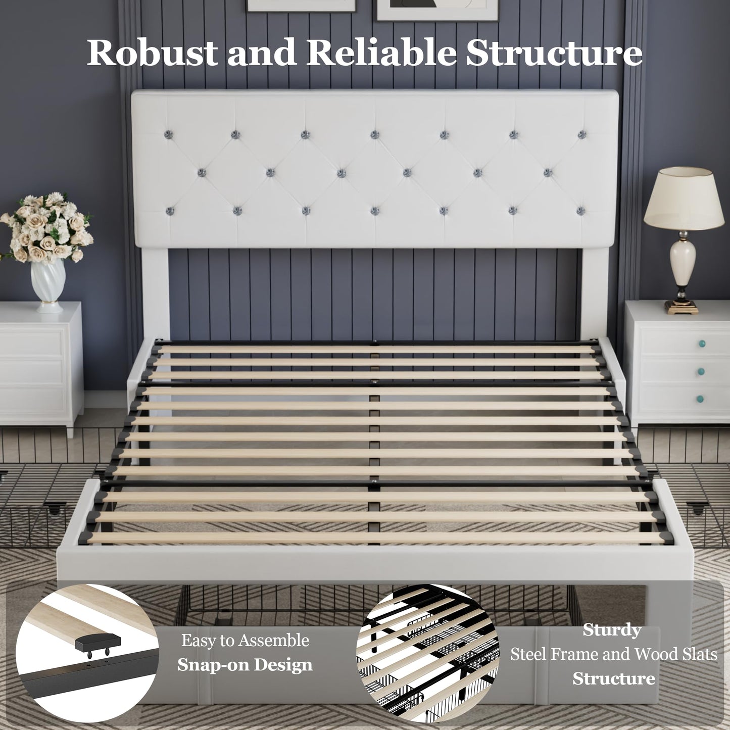 VECELO Full Size Bed Frame with 3 Storage Drawers, Leather Upholstered with Diamond Tufted Headboard, Solid Wood Slat Support & Steel Framework, PU & White