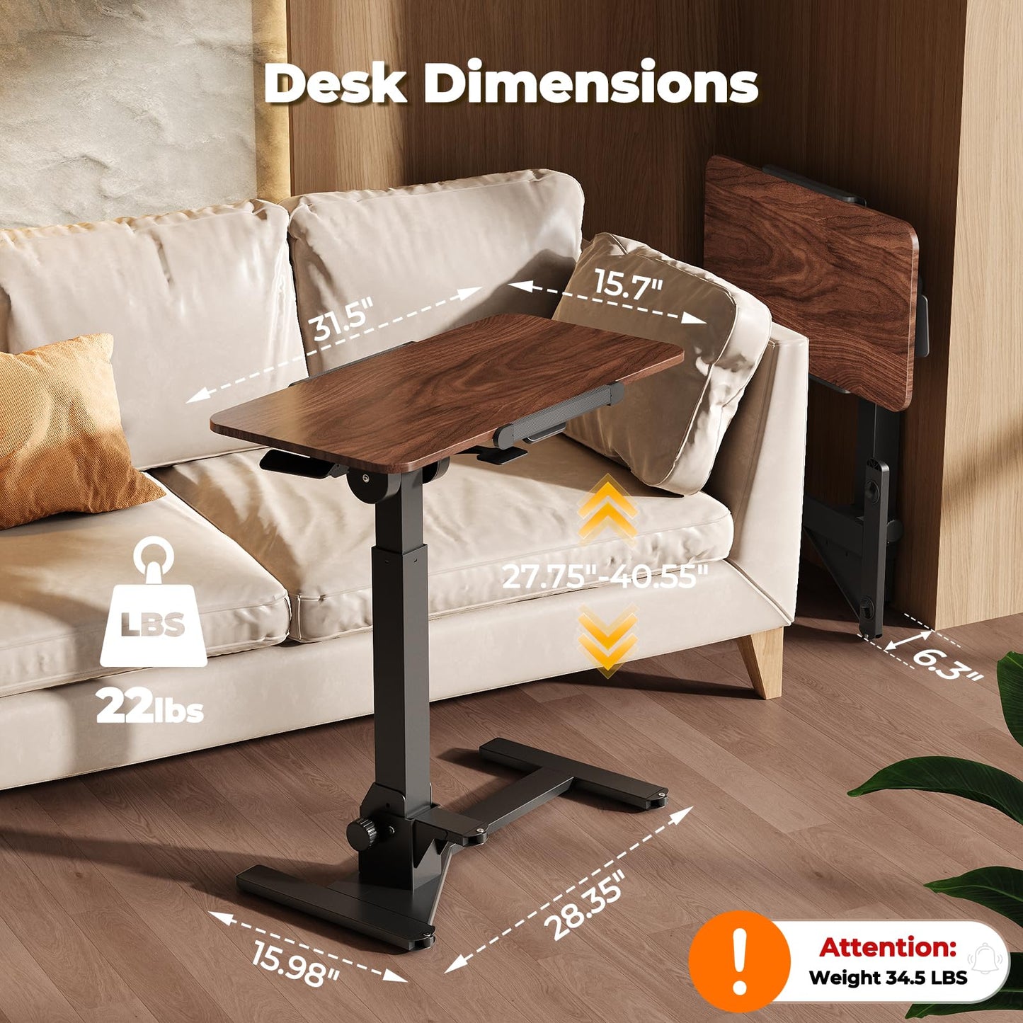 JOY worker Foldable Overbed Bedside Table, 180° Tiltable Mobile Standing Desk with Wheels, 31.5" Height Adjustable Rolling Laptop Desk for Home & Hospital Use, Easy Storage, Rustic Brown
