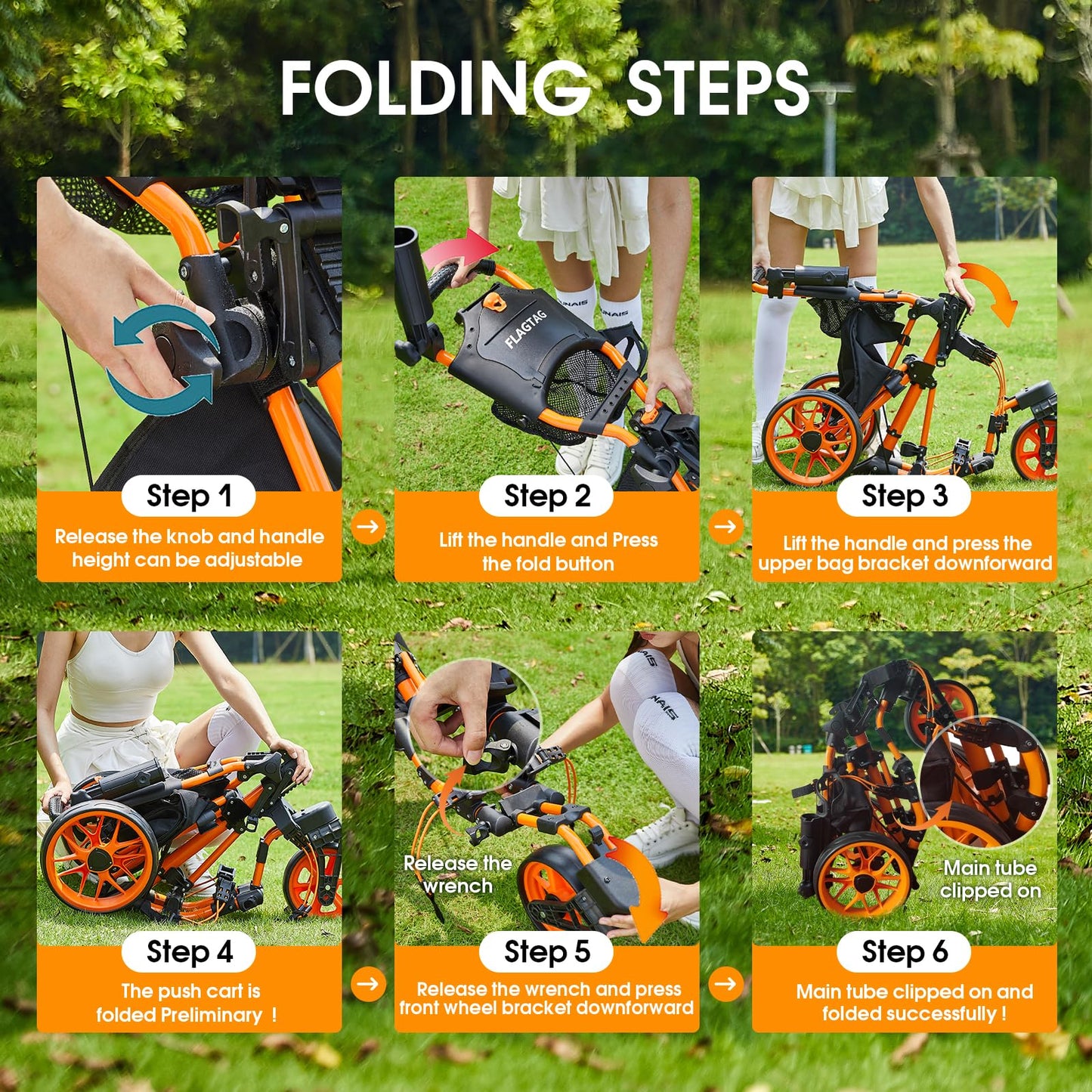 FLAGTAG Golf Push Cart 3 Wheel with 360 Swivel Front Wheel,Lightweight and Foldable Walking Golf Cart，One-Click Foldable,with Foot Brake