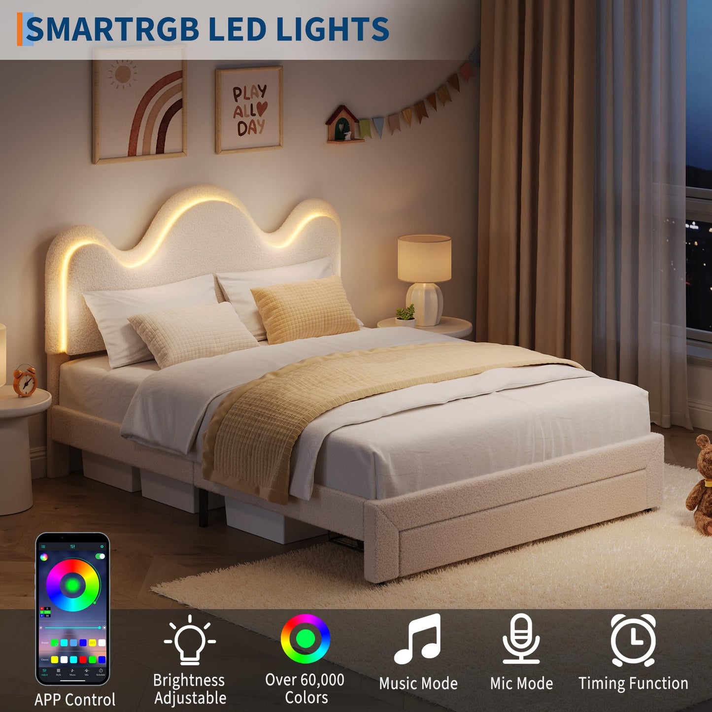IDEALHOUSE Queen Bed Frame with LED Headboard and Under-Bed Drawer, Metal Upholstered Platform Bed with LED Light for Kids, Girls, Lamb Fleece Fabric, Wooden Slats Support, No Box Spring Needed, White