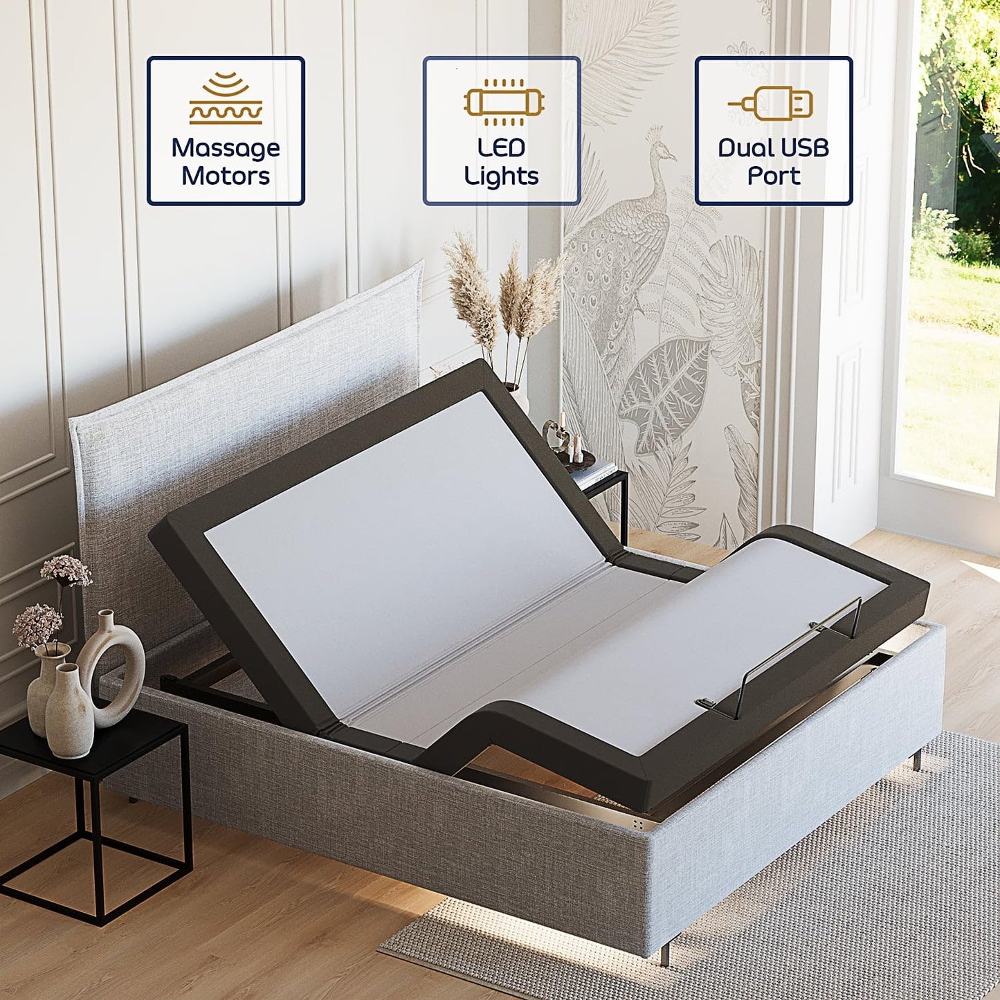Clara Clark Adjustable Bed Frame, Adjustable Massage Bed Frame with Wireless Remote, Adjustable Bed Base Head & Foot Massage, Fast & Easy Assembly, USB Ports, LED Light, Queen Bed Frame