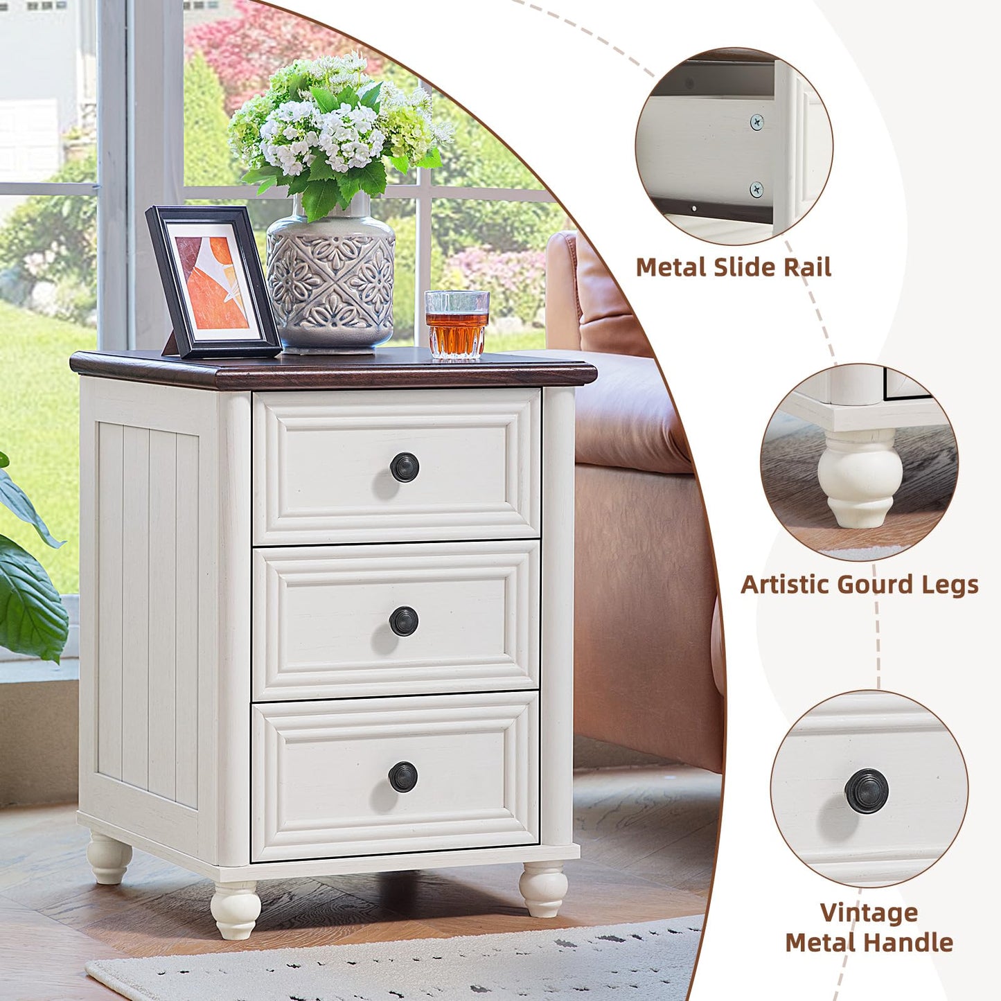 RWYHG 18" Farmhouse Night Stand Set of 2, White Wood Nightstand with 3 Drawers, Bedside End Table with Storage and Roman Column, Bed Side Tables Cabinet for Bedroom, Living Room, and Closet