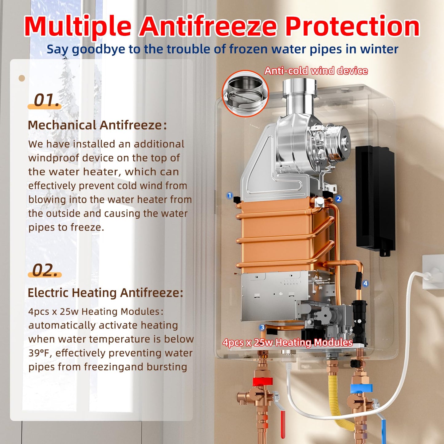 RIWORY 85000 BTU On Demand Propane Water Heater Tankless, Max 3.6 GPM, Intelligent Indoor Gas Hot Water Heater with Freeze Protection, 3/4" NPT, lp Gas Tankless Water Heater for 2-3 Water Points