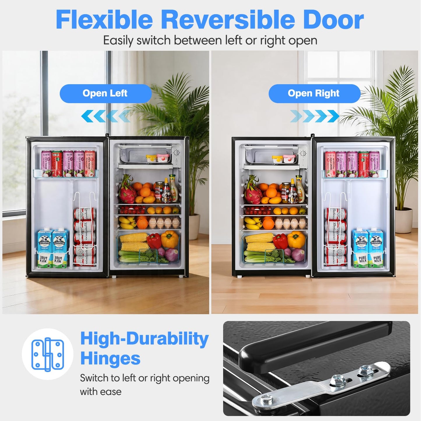 OSTBA 3.2 Cu.Ft Mini Fridge with Freezer, Small Refrigerator with Adjustable Thermostat, 3 Glass Shelves, Crisper Drawer, Low Noise Compact Fridge for Bedroom, Office, Dorm, RV, Single Door, Sliver