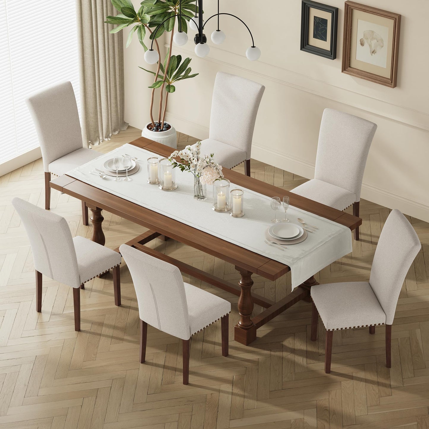 MALOL High Back Dining Chairs Set of 4, Upholstered Dining Room Chair with Wood Legs and Nailhead Trim, Modern Padded Kitchen Chairs for Dining Room/Restaurant, Beige