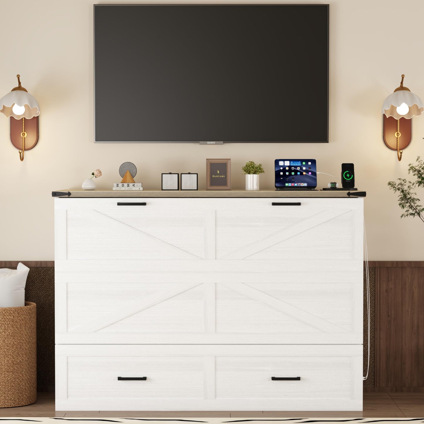 Merax Modern Farmhouse Solid Wood Murphy Cabinet Bed with Charging Station, Foldable Wall Platform Bed with Storage Drawer/No Box Spring Needed/Easy Assemble/Queen, White