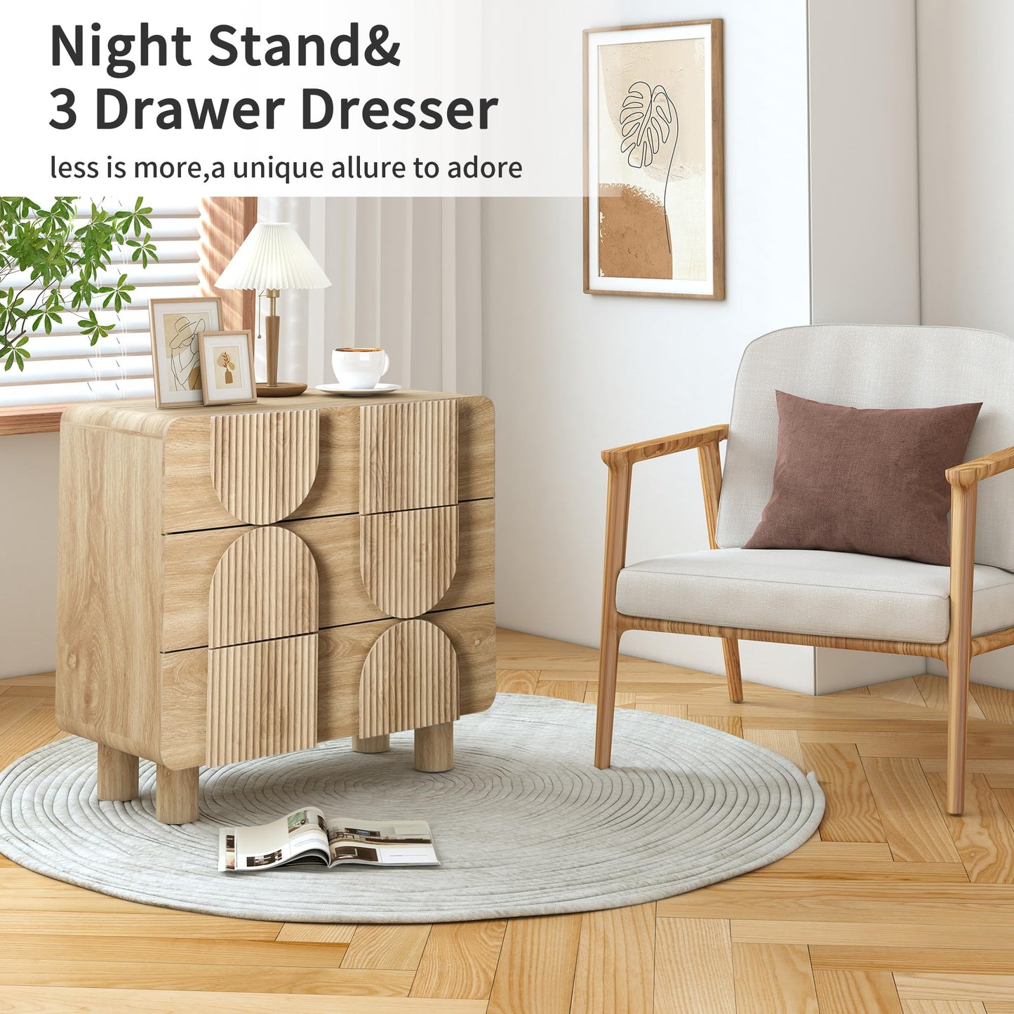 Janmer Home 3 Drawer Dressers for Bedroom, 31.5" Wide Large Mid Century Modern Fluted Nightstand, Wood Dresser & Chest of Drawers with Curved Profile for Living Room, Entryway, Hallway, Natural