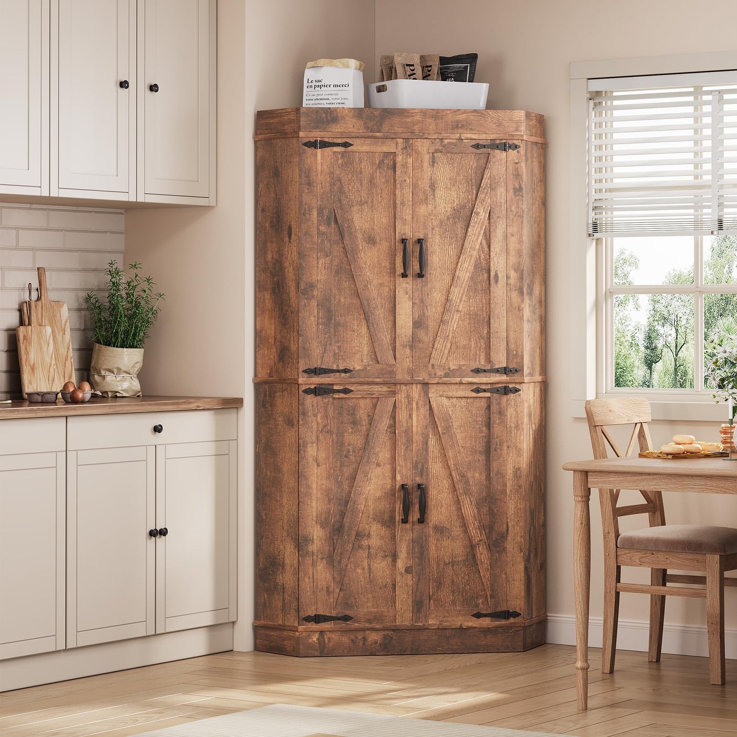 Corner Cabinet,71'' Kitchen Pantry Storage Cabinet with 4 Doors and Shelves, Tall Food Pantry Storage Cabinet Farmhouse Furniture for Kitchen Dining Room, Brown