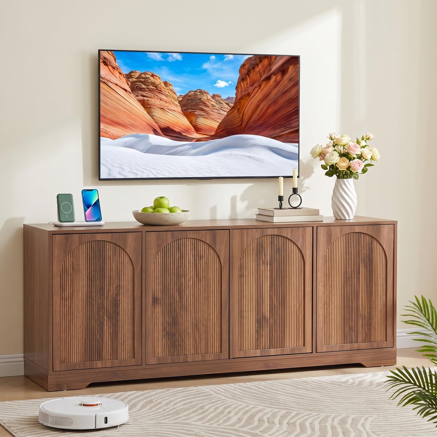 Bifins 62.2 Inch TV Stand for TVs up to 70 Inches, Tall Entertainment Center Cabinet with 4 Fluted & Arched Doors and Cable Management for Living Room Bedroom, Walnut