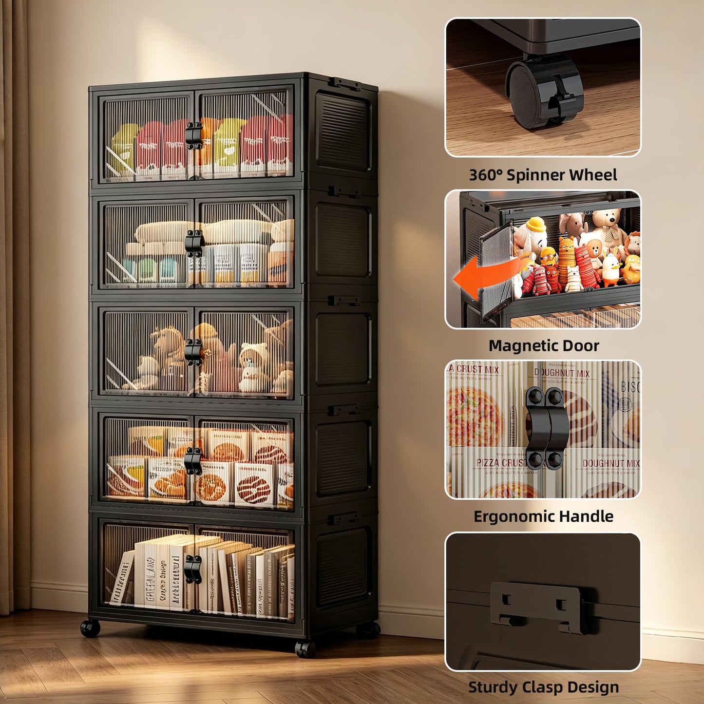 FoldTrend 6-Tier Foldable Storage Cabinet with Wheels & Lid, 291QT Extra Large Stackable Organizer, No Tool Required, Storage Cabinet for Garage, Home Office, Pantry, Kitchen, Dorm