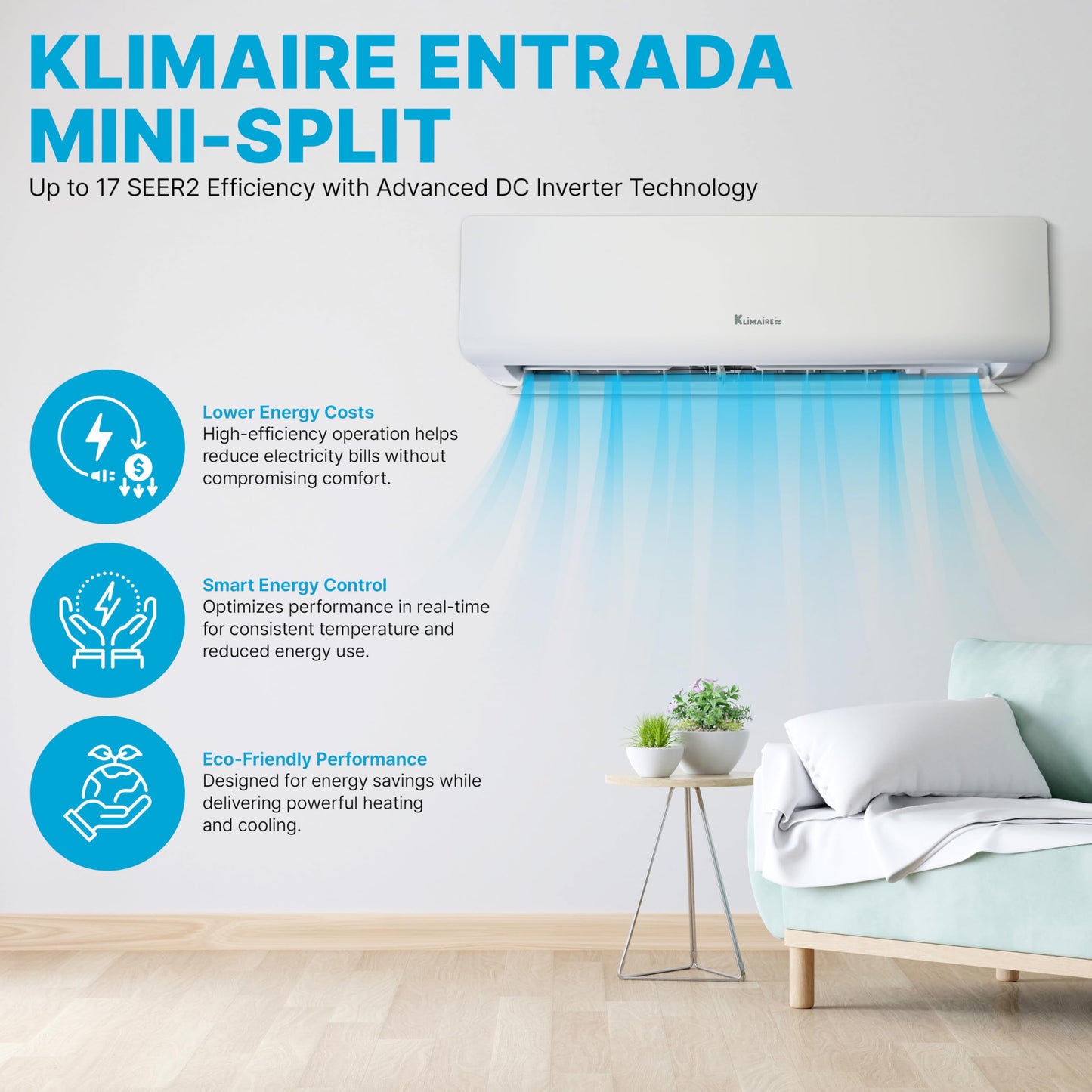 Klimaire Entrada 24,000 BTU 17 SEER2 Ductless Mini-Split Heat Pump Air Conditioner with 16 Ft. Installation Kit & Wall Bracket - 230V