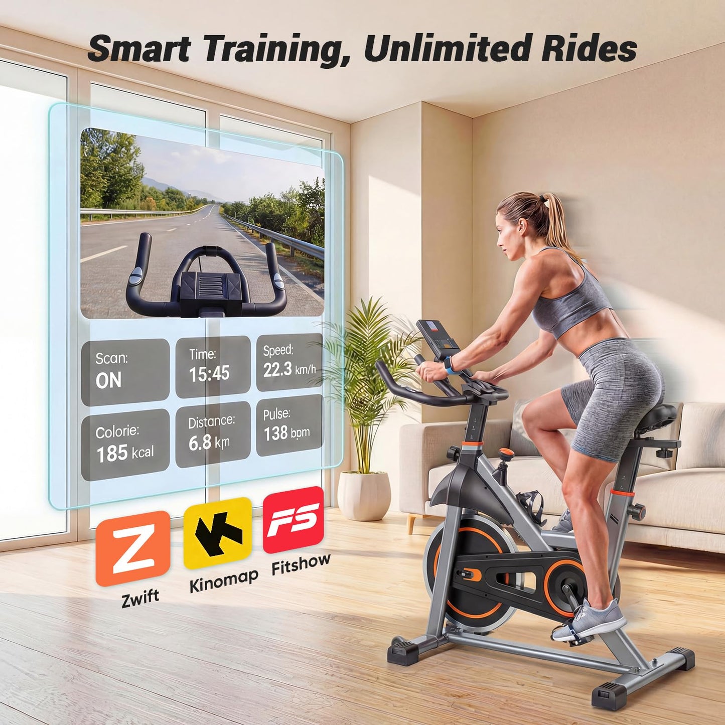 DUMOS Exercise Bike with APP, Stationary Bikes for Home, Workout Bike for Adults & Seniors, Adjustable Height and Resistance, Low Noise, 265lbs Weight Capacity, Easy Setup, Silver&Orange