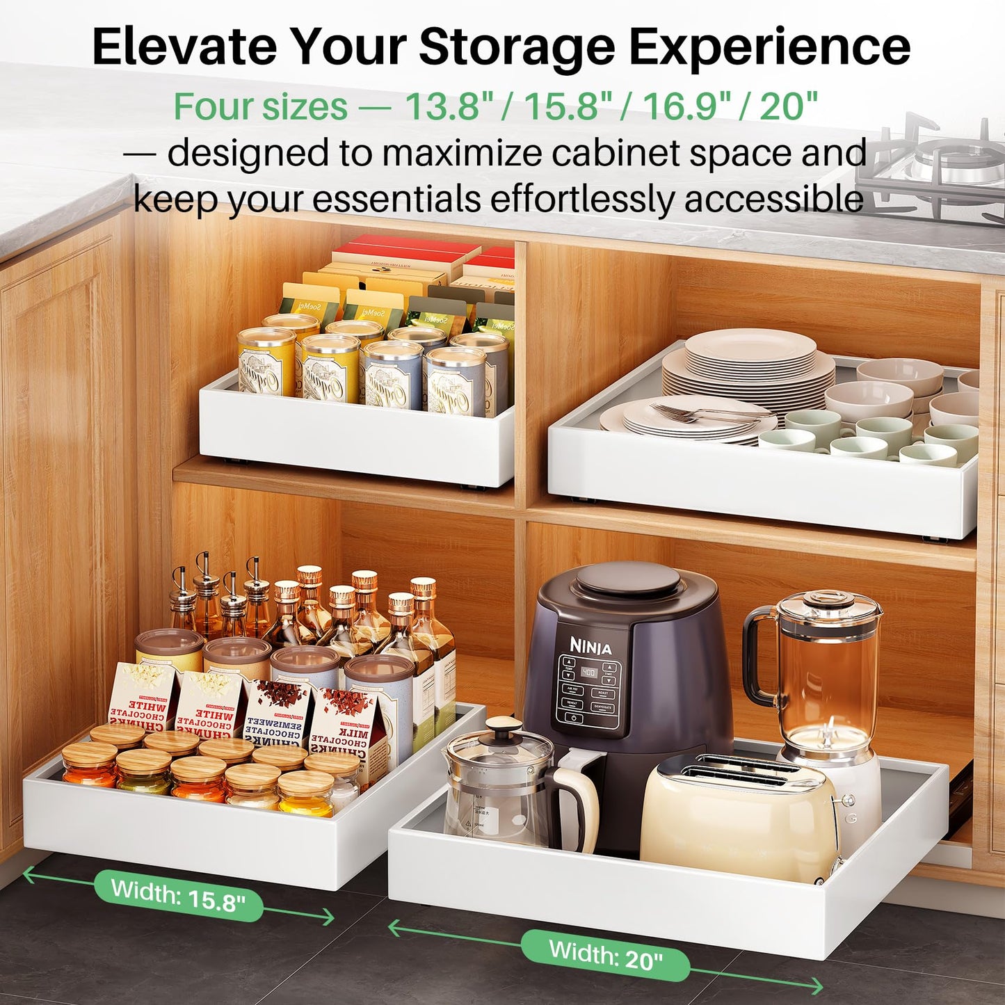 4 Pack Pull out Cabinet Organizer, 21"Deep, Heavy Duty Full-extension Slide out Drawers for Kitchen Cabinet, Roll out Shelf Storage with Nano Adhesive for Pots, Bathroom, Pantry, Home, White