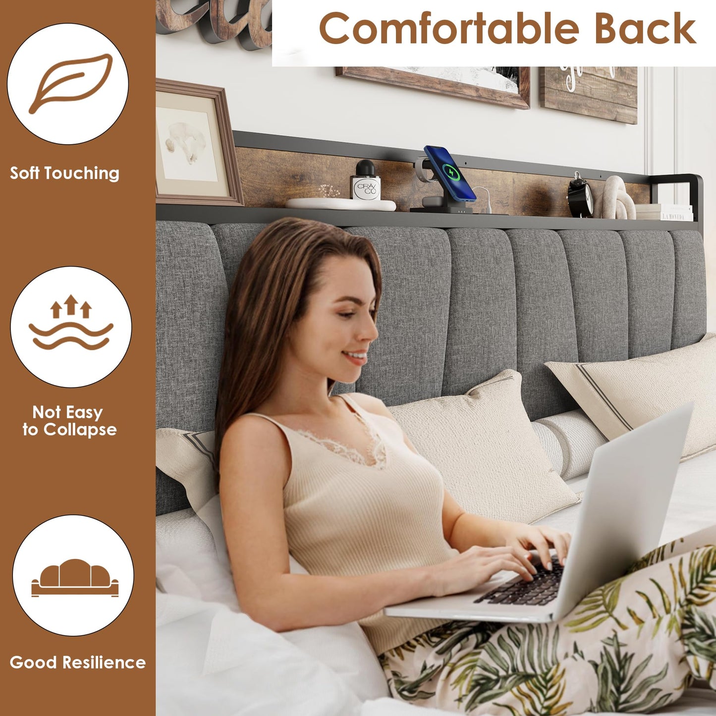 GarveeHome King Size Bed Frame with 2 Storage Drawers and Charging Station, Rustic Linen Upholstered Platform Bedframe with Storage Headboard, No Box Spring Needed, Easy Assembly, Noise Free, Grey