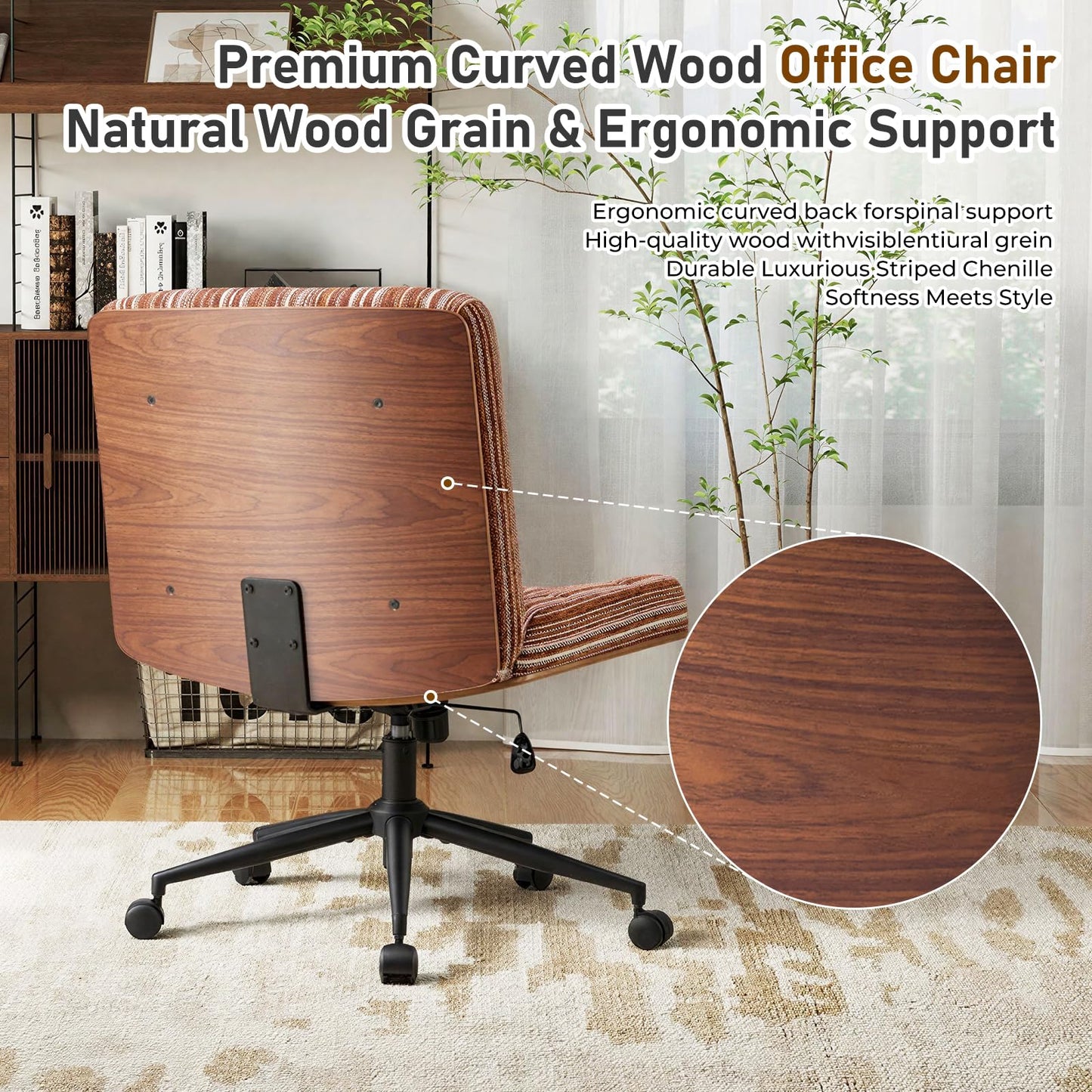 Furnimart Heavy-Duty Curved FSC Wood Desk Chair 360° Swivel, Premium Chenille Criss Cross Chair with Wheels Wide Seat, Comfy Armless Cross Legged Sitting for Bedroom, Office, Vanity(Dark Brown)