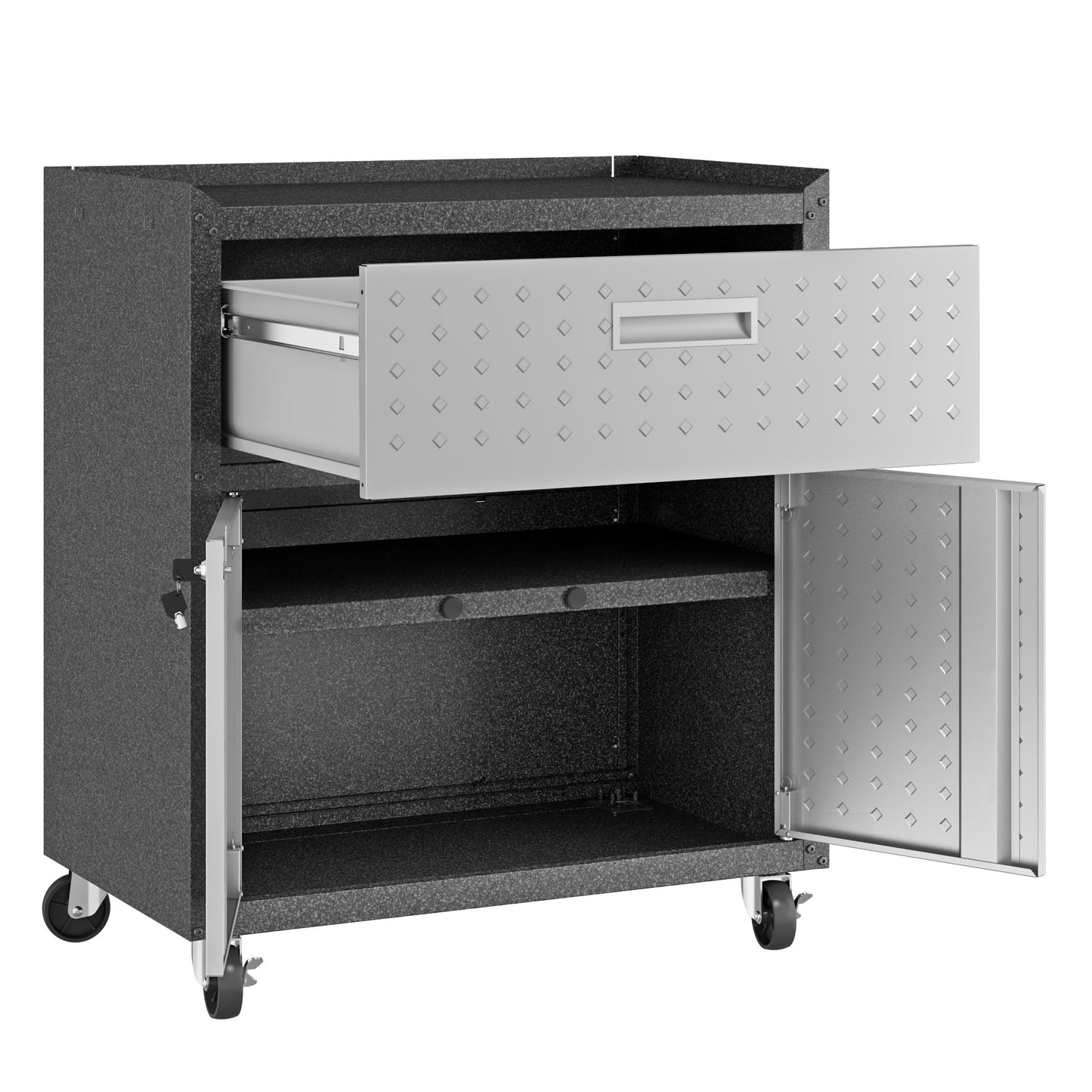 Manhattan Comfort Fortress Textured Metal 31.5" Garage Mobile Cabinet with 1 Full Extension Drawer and 2 Adjustable Shelves, Black/Gray