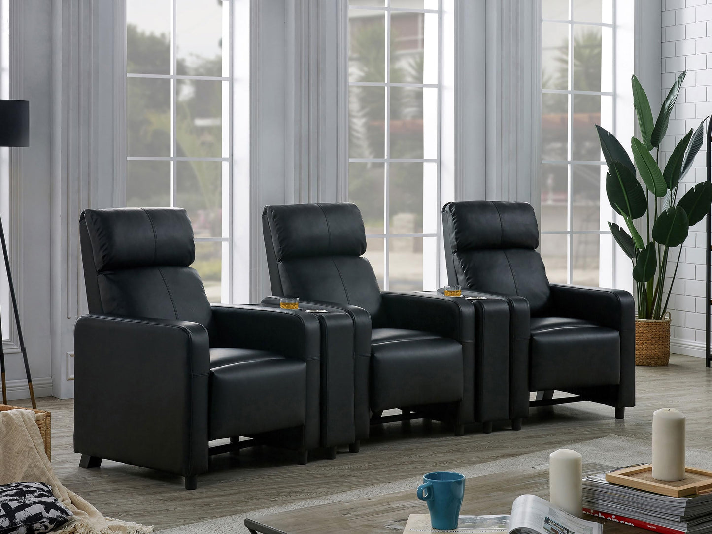 Coaster Home Furnishings - Toohey - Faux Leather - 5-Piece Theater Seating with Consoles and Recliners with Tufted Backrests and Slim Track Armrests - Living Room, Home Theater - Black - 600181-S3A
