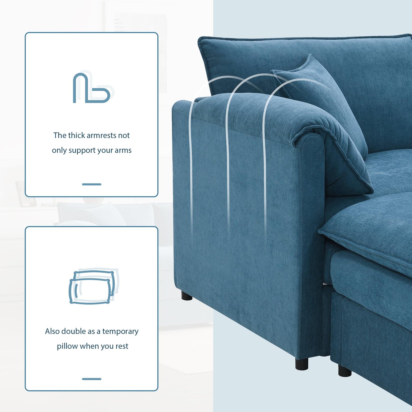 Merax Modern L Shaped Cloud Couch Set with Double Cushions, 4 Seat Sectional Sofa Sleeper Bed with Movable Ottoman & 2 Pillows, 103" Chenille Modular Sectional Sofa with Deep and Wide Seat, Blue