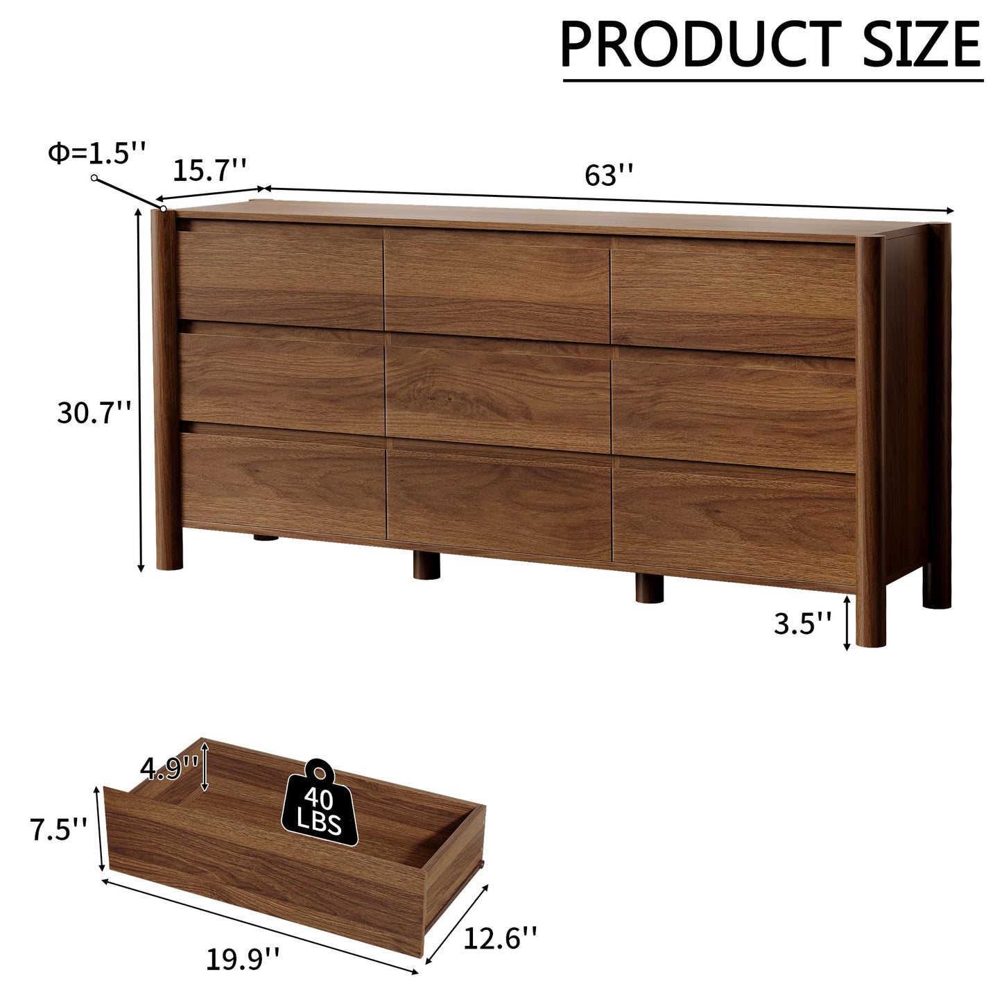 HOUROM 63" Wide 9-Drawer Dresser for Bedroom, Mid-Century Modern Chest with Solid Wood Legs, Concealed Handle,Large Wood Storage Organizer, Bedroom Storage,Walnut