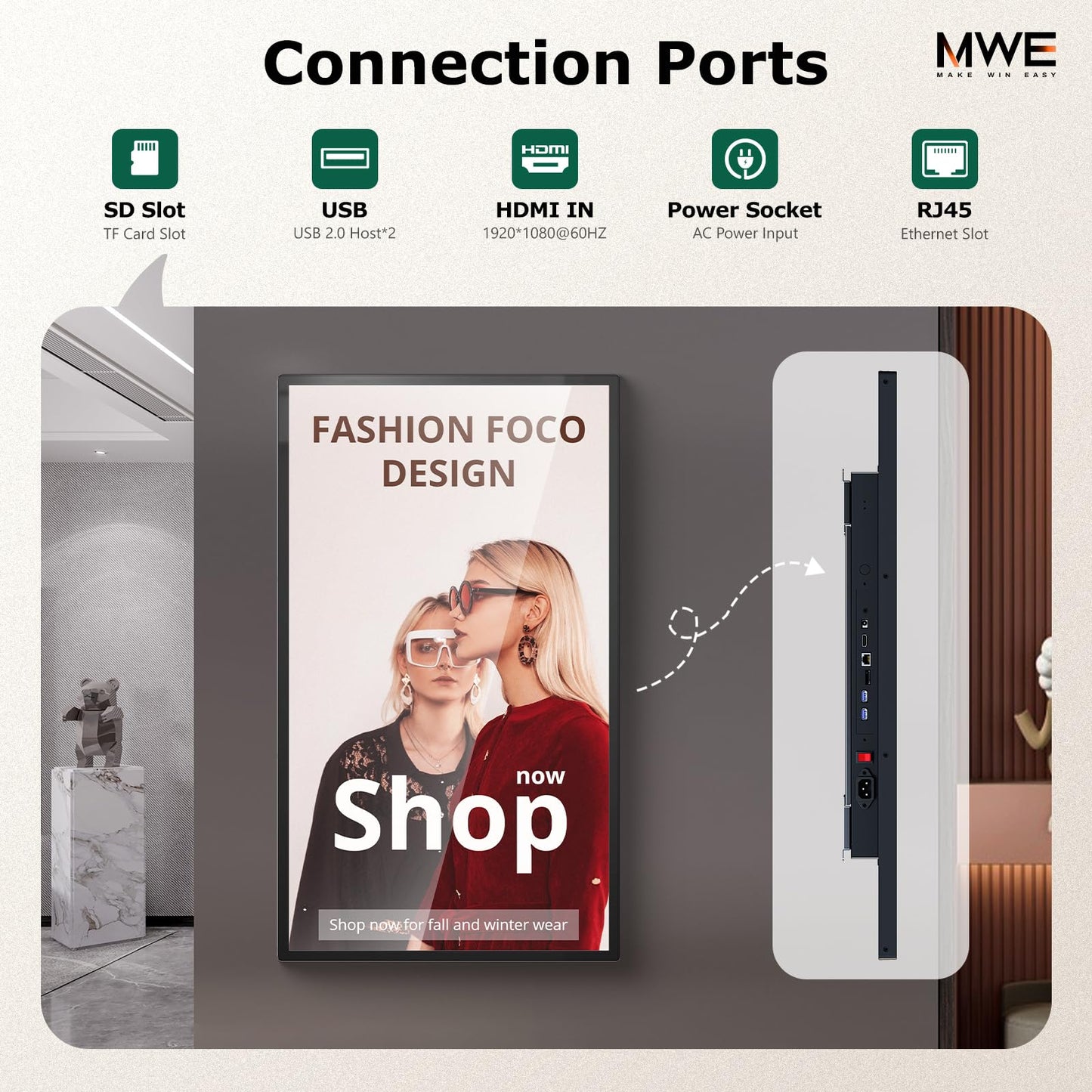 MWE 32 inch Wall Mount Digital Signage, FHD Touchscreen Monitor Android 14, Multi-Touch Screen Smart Split, Commercial Advertising Display, Time Switch, CMS Management, HD-MI/ USB/ WiFi/ for Windows