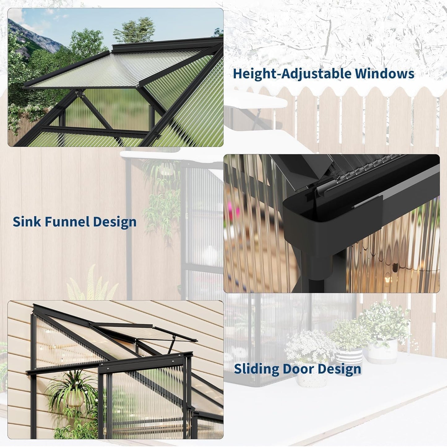 4x4 ft Lean-to Walk-in Polycarbonate Greenhouse,Greenhouse Kit,Lean-to Greenhouse for Outdoors,Portable Wall-Mounted Outdoor Green House with Sliding Door,Adjustable Roof Vent & Rain Gutter