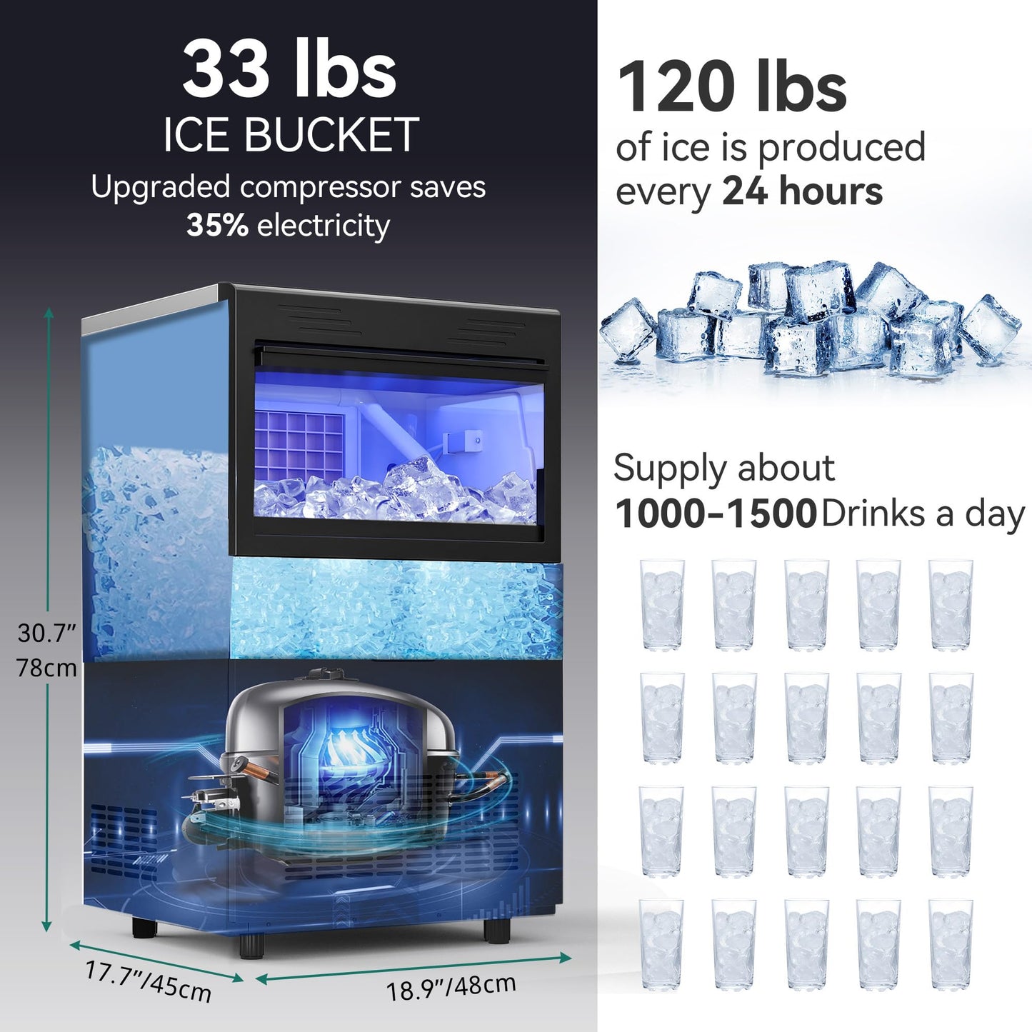 YITAHOME 100lbs Ice Maker Machine Commercial Under Counter Ice Maker, ETL & DOE Certificated Commercial Large Ice Makers Freestanding for Home Cafe Bar Restaurant 45pcs with 33lbs Storage Bin