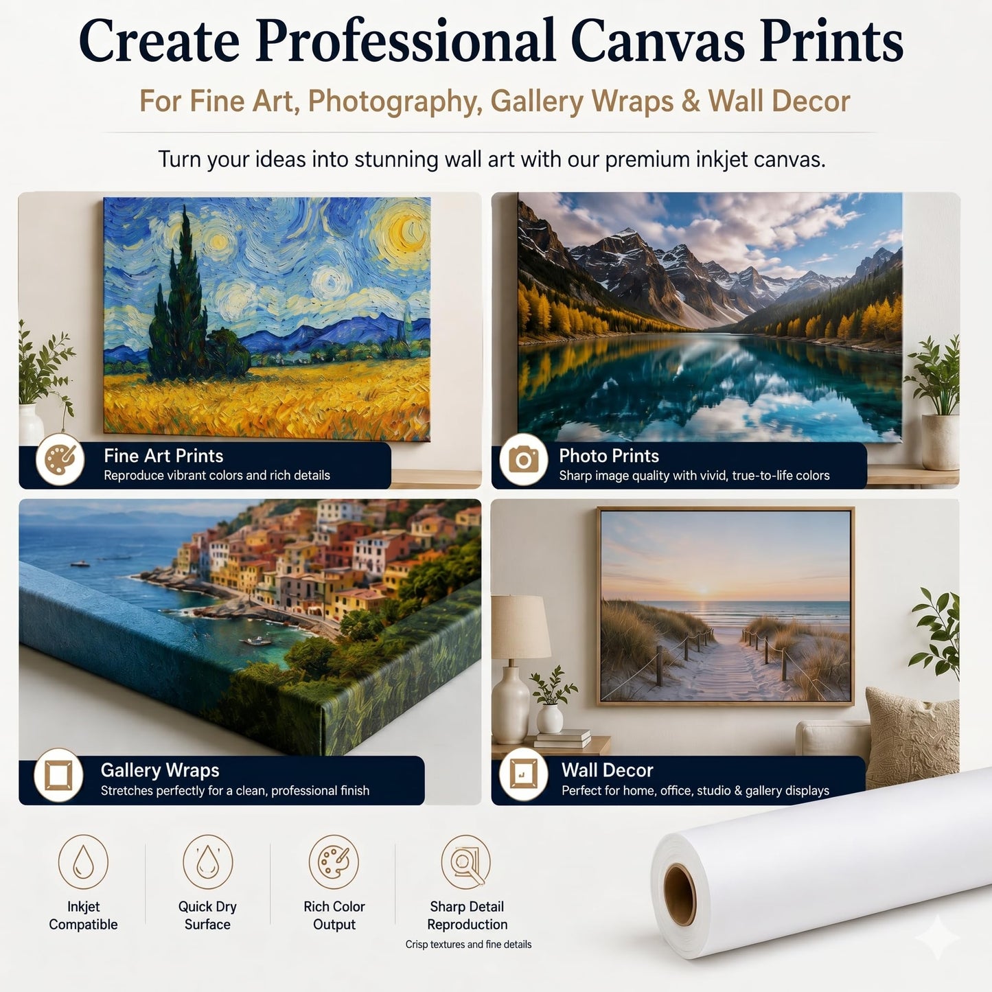 Matte Polyester Inkjet Canvas Roll for Wide Format Printers, Quick Dry Printable Canvas for Fine Art, Photography, Giclée, Wall Art Printing and ArchivalQuality Prints.(290gsm 44"x100')
