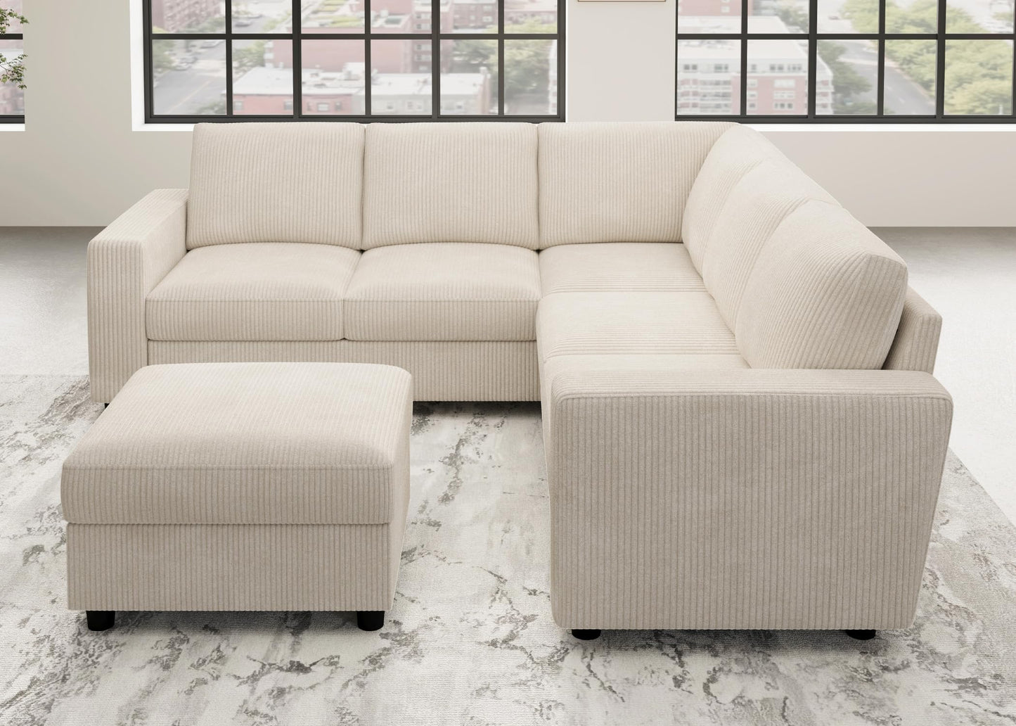 HONBAY Corduroy Sectional Sofa, 80 Inch 6 Seats L Shaped Couch with Ottoman for Living Room, Beige