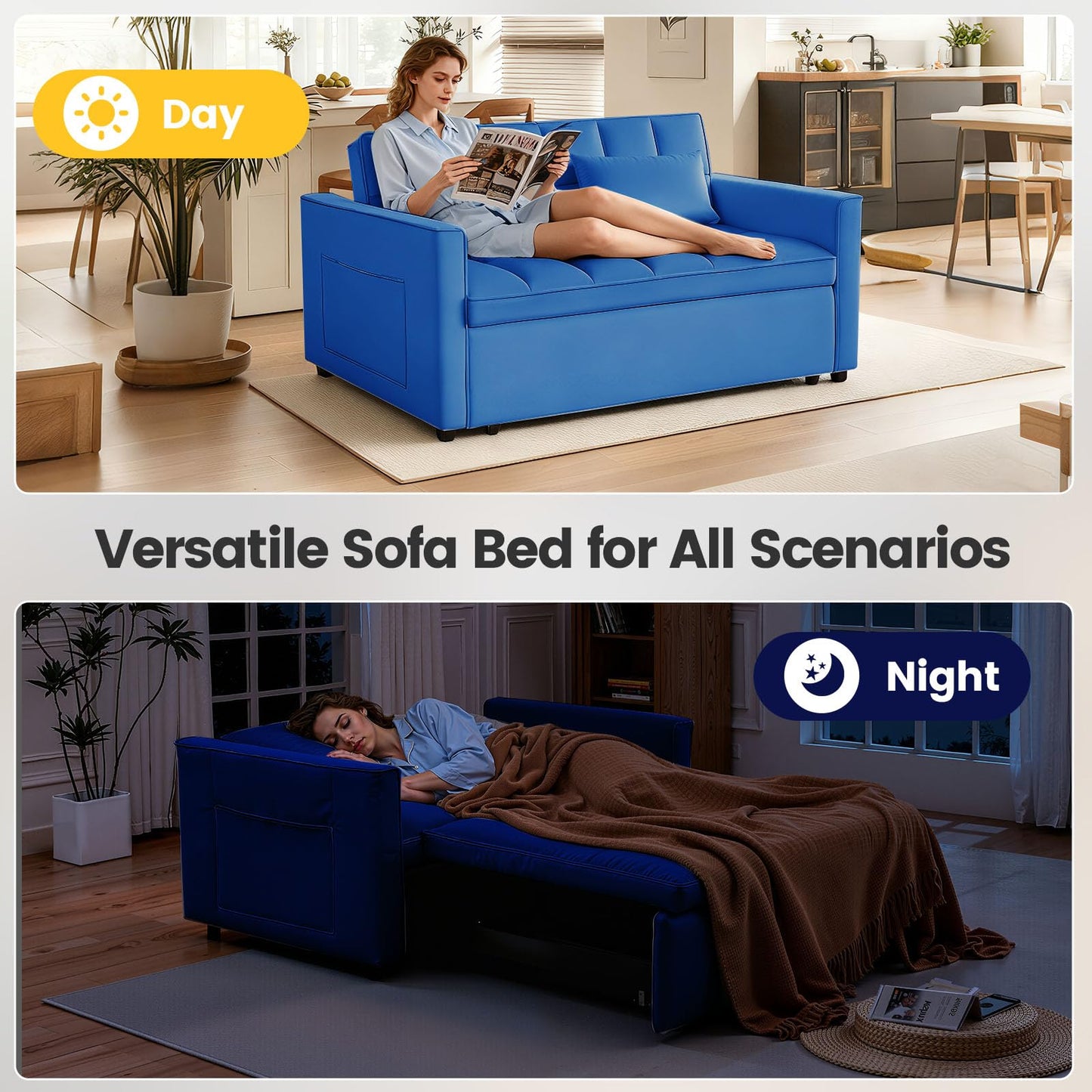 NicBex 3 in 1 Convertible Sofa Bed, Pull Out Couch Bed with Adjustable Backrest, Velvet Fabric Sleeper Sofa with Side Pocket, Loveseat Sleeper Sofa for Small Space, Living Room, Bedroom, Blue