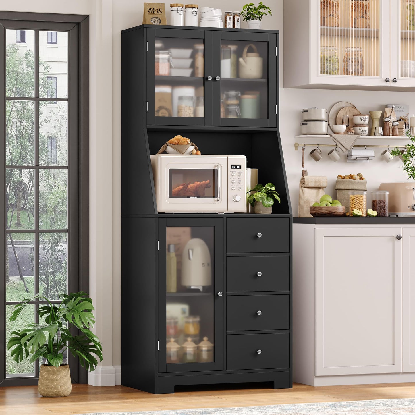 BOTLOG 64'' Kitchen Pantry Storage Cabinet, Tall Kitchen Storage Cabinet with Microwave Stand, Hutch Cabinet with Adjustable Shelves, for Dining Room, Black