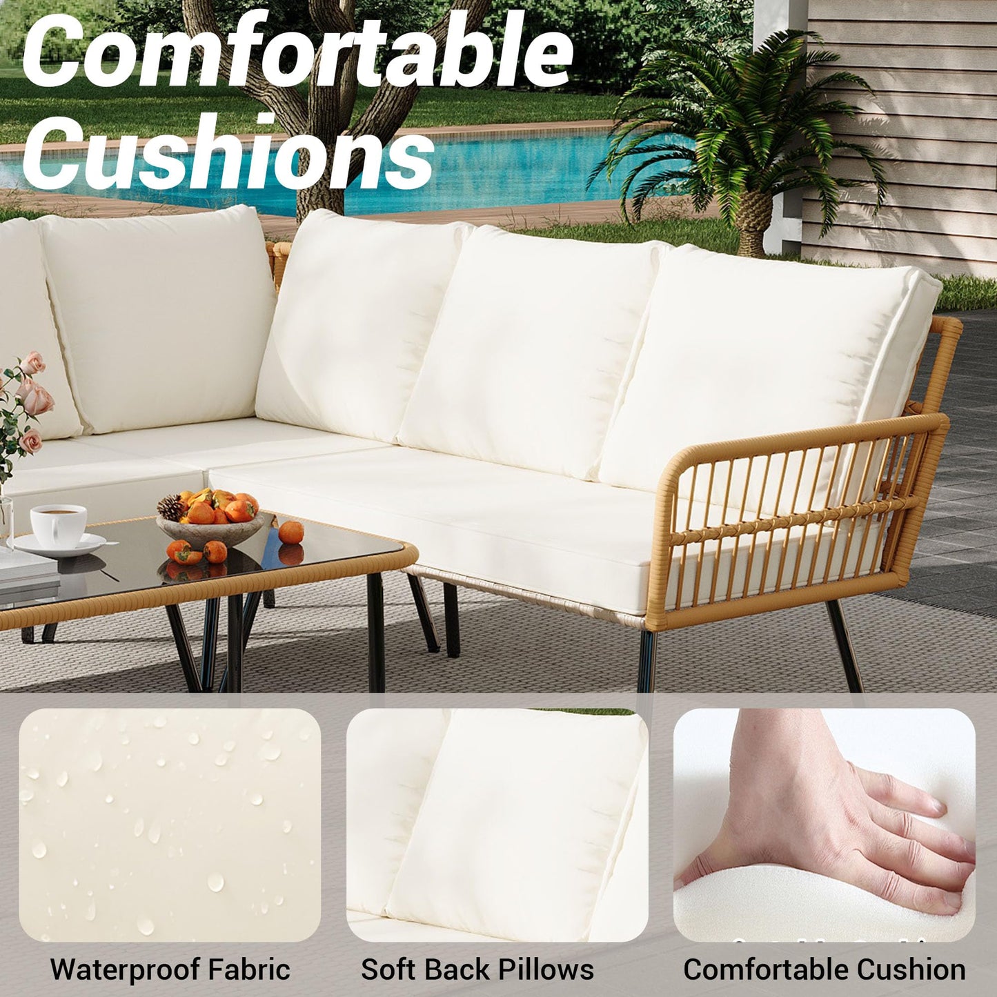 GarveeLife Wicker 4 Pieces Patio Furniture Sets Outdoor Sectional L-Shaped with Cushions & Side Table and Chairs Set, Boho Rattan 5 Seater Conversation Sets for Apartment, Bistro, Backyard,Porch,Beige