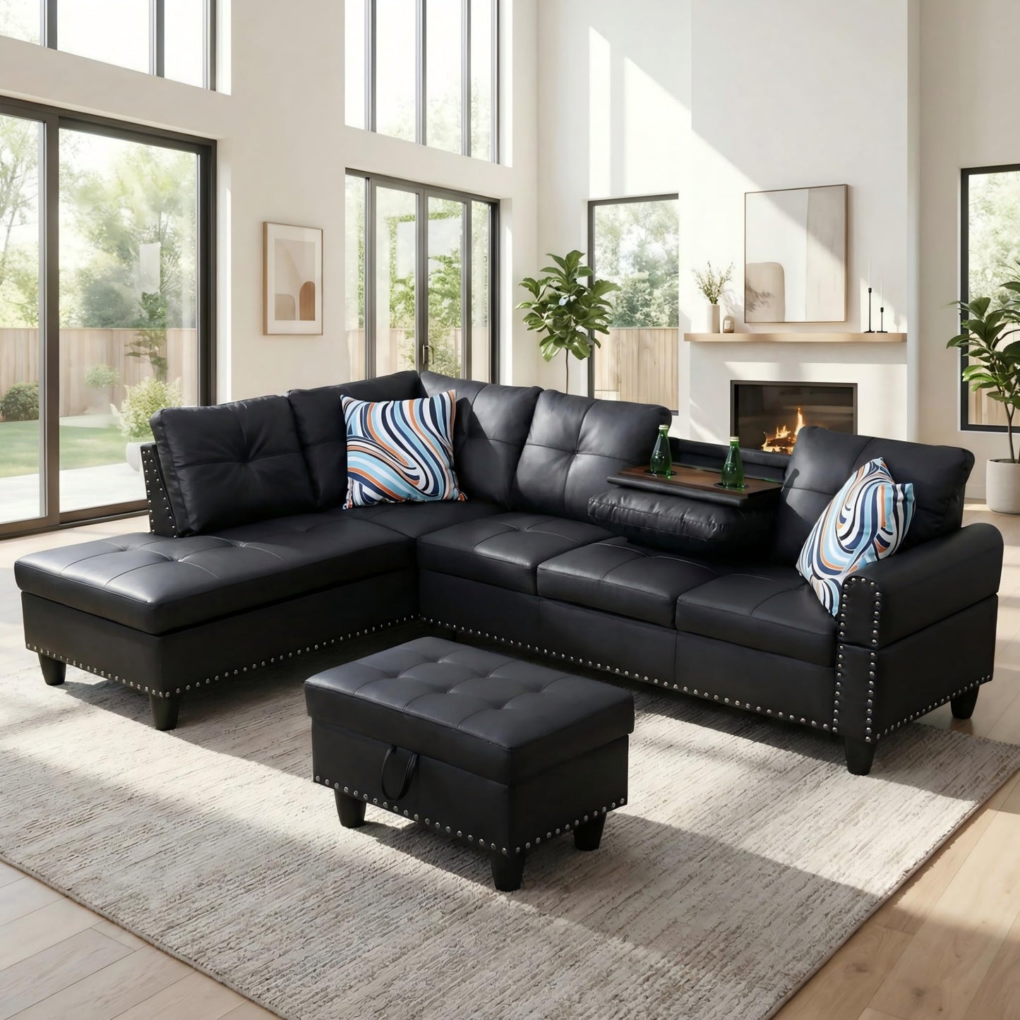 Trygoal 97" Leather 4-Seat L-Shaped Sectional Sofa with Movable Chaise & Storage Ottoman - 3-Piece Modular Convertible Couch for Living Room, Bedroom, Apartment & Office, Jet Black