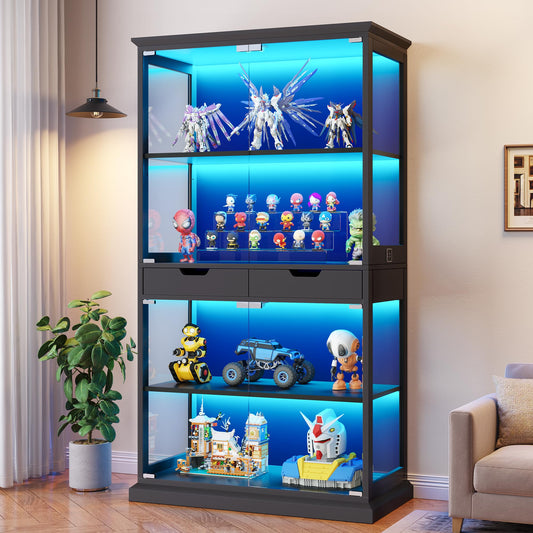 Jocoevol Display Cabinet with Glass Doors, 4-Tier Curio Cabinet with with 2 Drawers for Collectibles, Modern Glass Display Case Human Body Sensor & RGB Lights for Living/Game Room