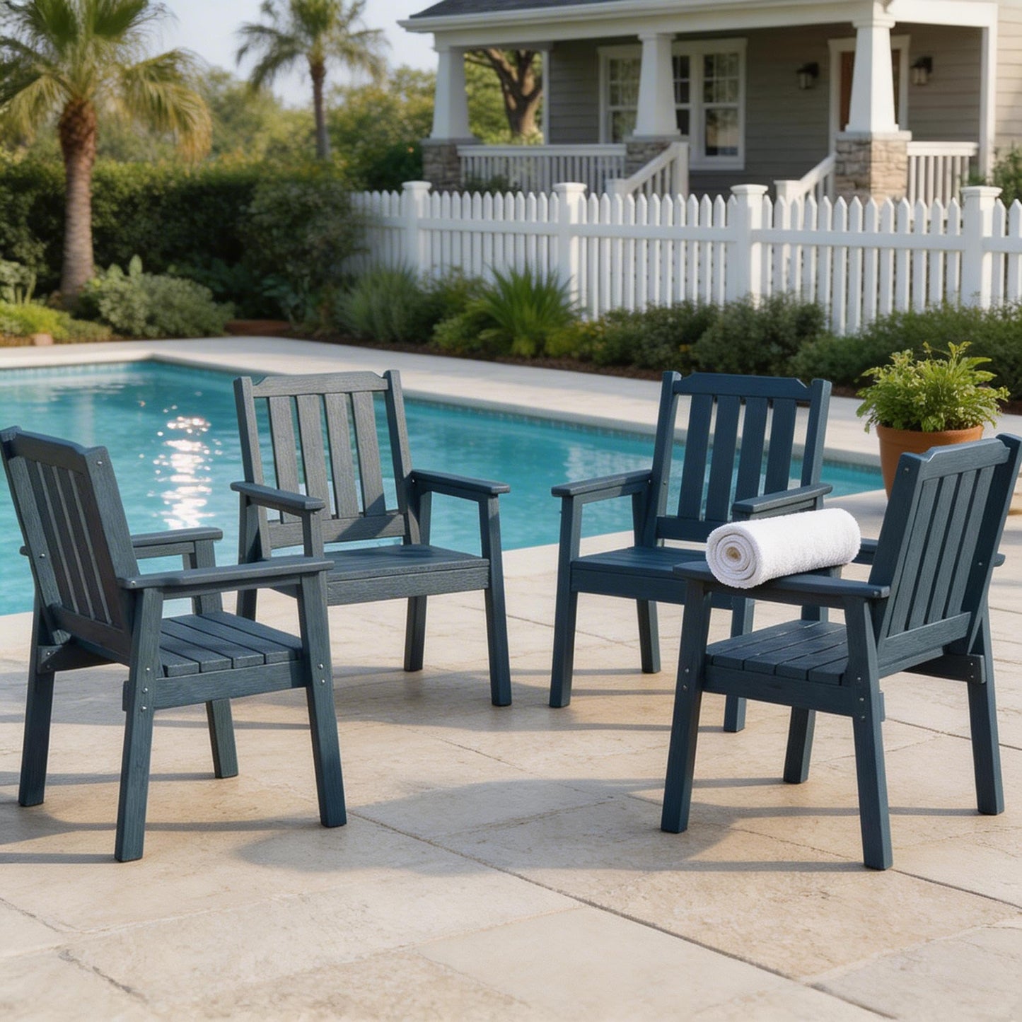Outdoor Dining Chairs Set of 4, HDPE Patio Chairs 650LBS Capacity All-Weather Yard Armchair with Slatted Seat, 23.9" Wide Heavy Duty Modern Backyard Furniture for Garden, Poolside, Deck (Navy Blue)