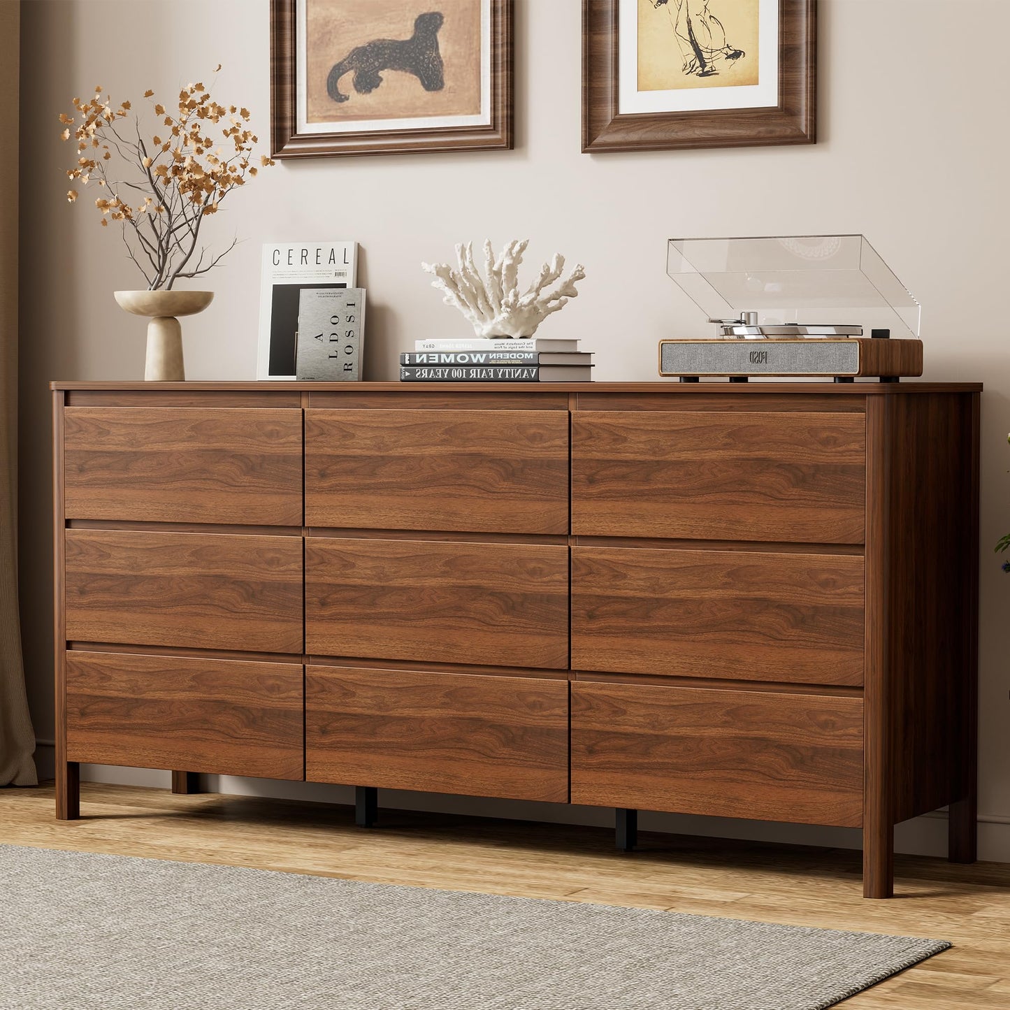 Furniway 63" Mid-Century Modern Dresser for Bedroom, 9 Drawer Wide Chest of Drawers with Wood Legs, Large Storage Bedroom Dresser, Walnut