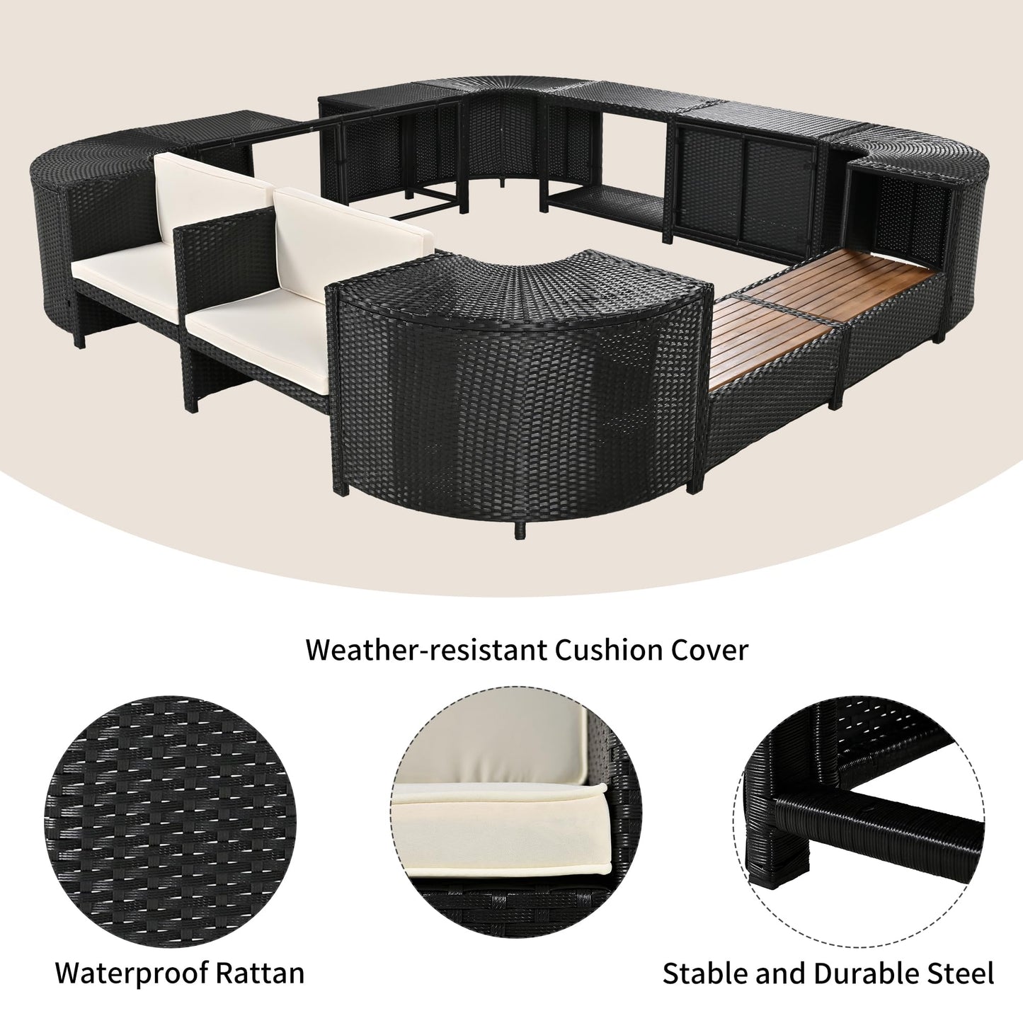 YOPTO Outdoor Waterproof Spa Surround Rattan Sectional Sofa Set with Mini Sofa,Wooden Seats and Storage Spaces Chaise w/Comfortable Cushion,Garden Furniture for Yard Pool Backyard,Beige